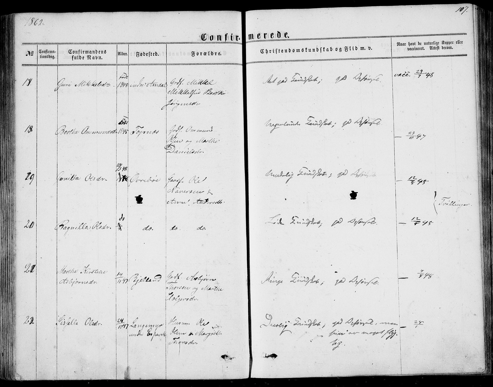 Nedstrand sokneprestkontor, AV/SAST-A-101841/01/IV: Parish register (official) no. A 9, 1861-1876, p. 107