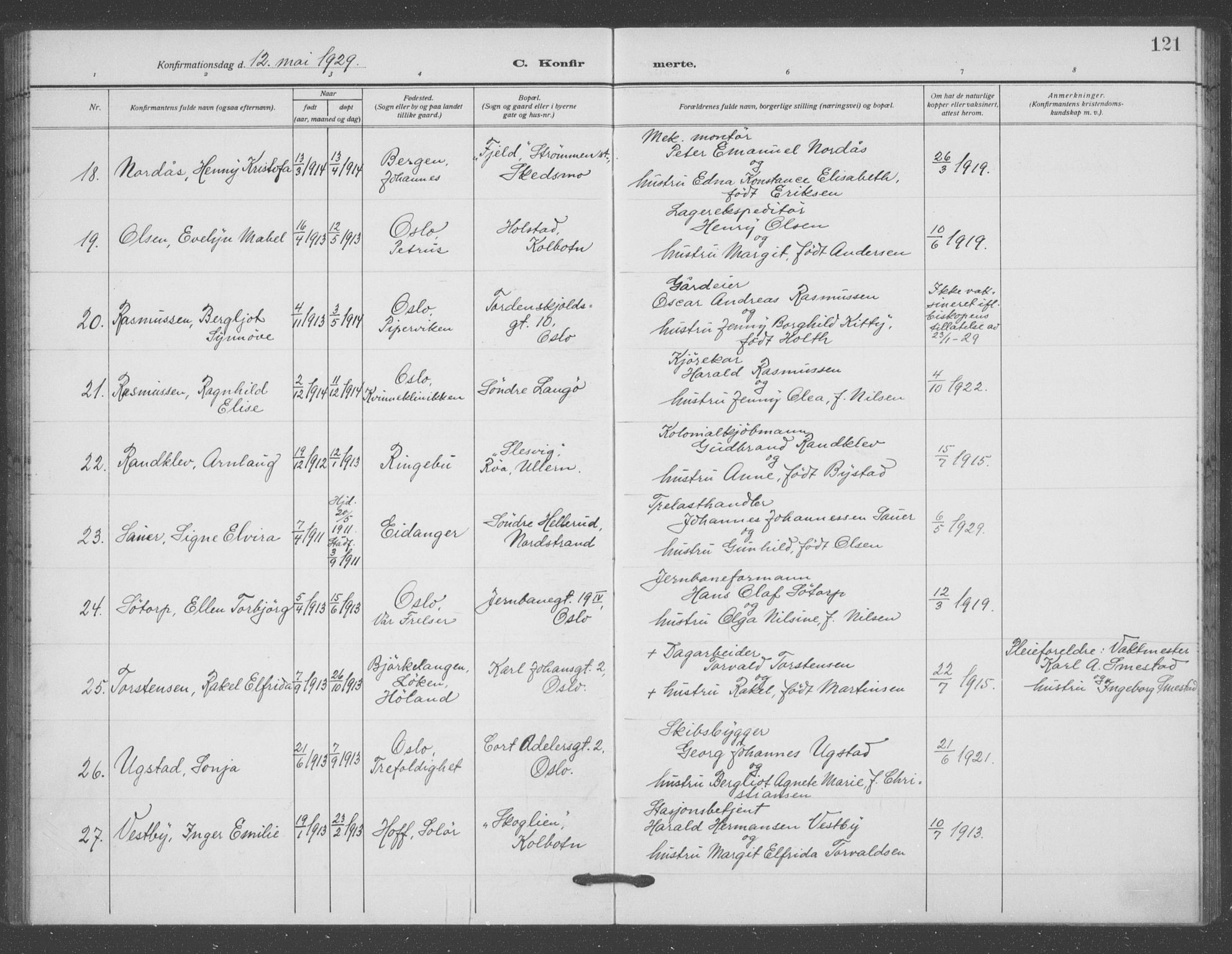 Oslo domkirke Kirkebøker, AV/SAO-A-10752/F/Fa/L0031: Parish register (official) no. 31, 1918-1941, p. 121