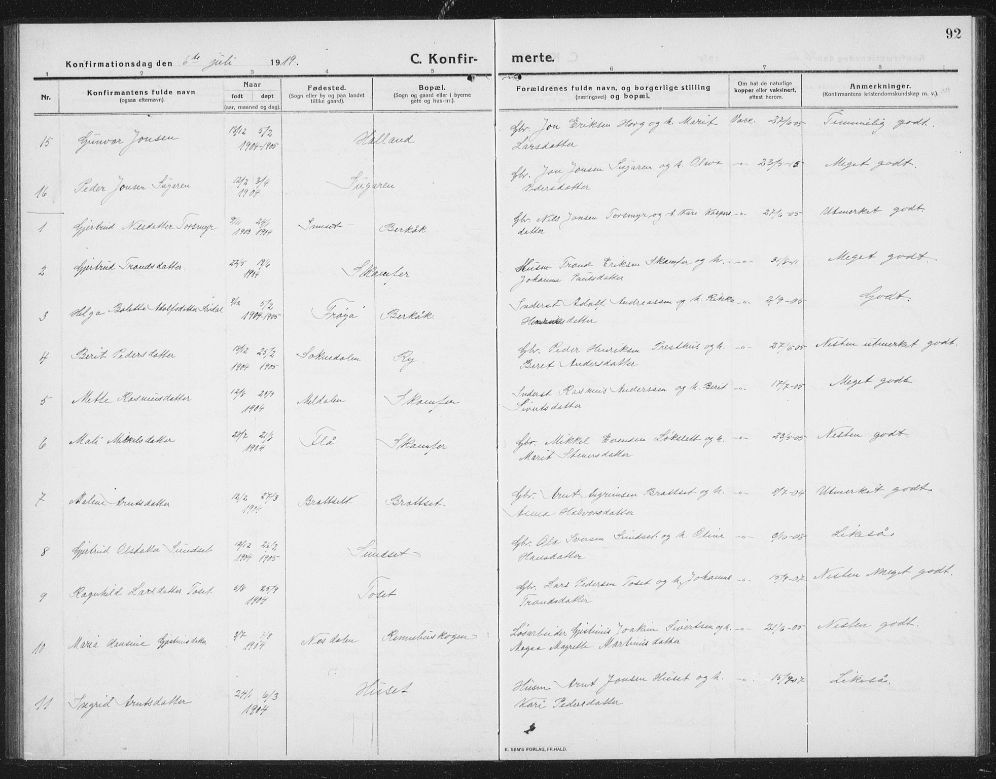 Ministerialprotokoller, klokkerbøker og fødselsregistre - Sør-Trøndelag, AV/SAT-A-1456/675/L0888: Parish register (copy) no. 675C01, 1913-1935, p. 92