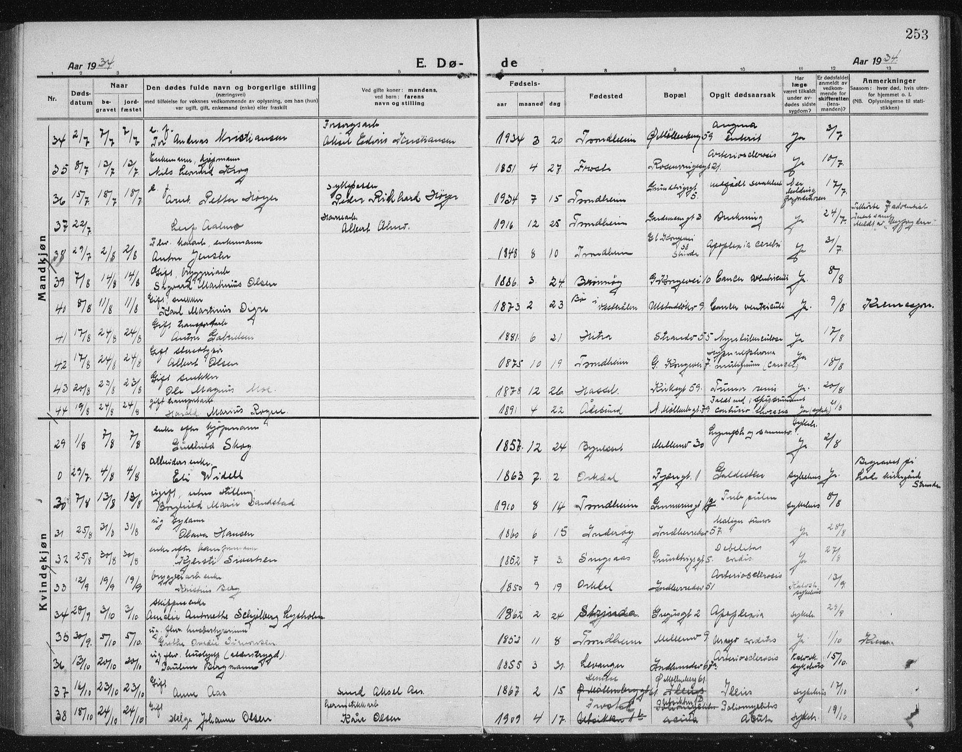 Ministerialprotokoller, klokkerbøker og fødselsregistre - Sør-Trøndelag, AV/SAT-A-1456/605/L0260: Parish register (copy) no. 605C07, 1922-1942, p. 253