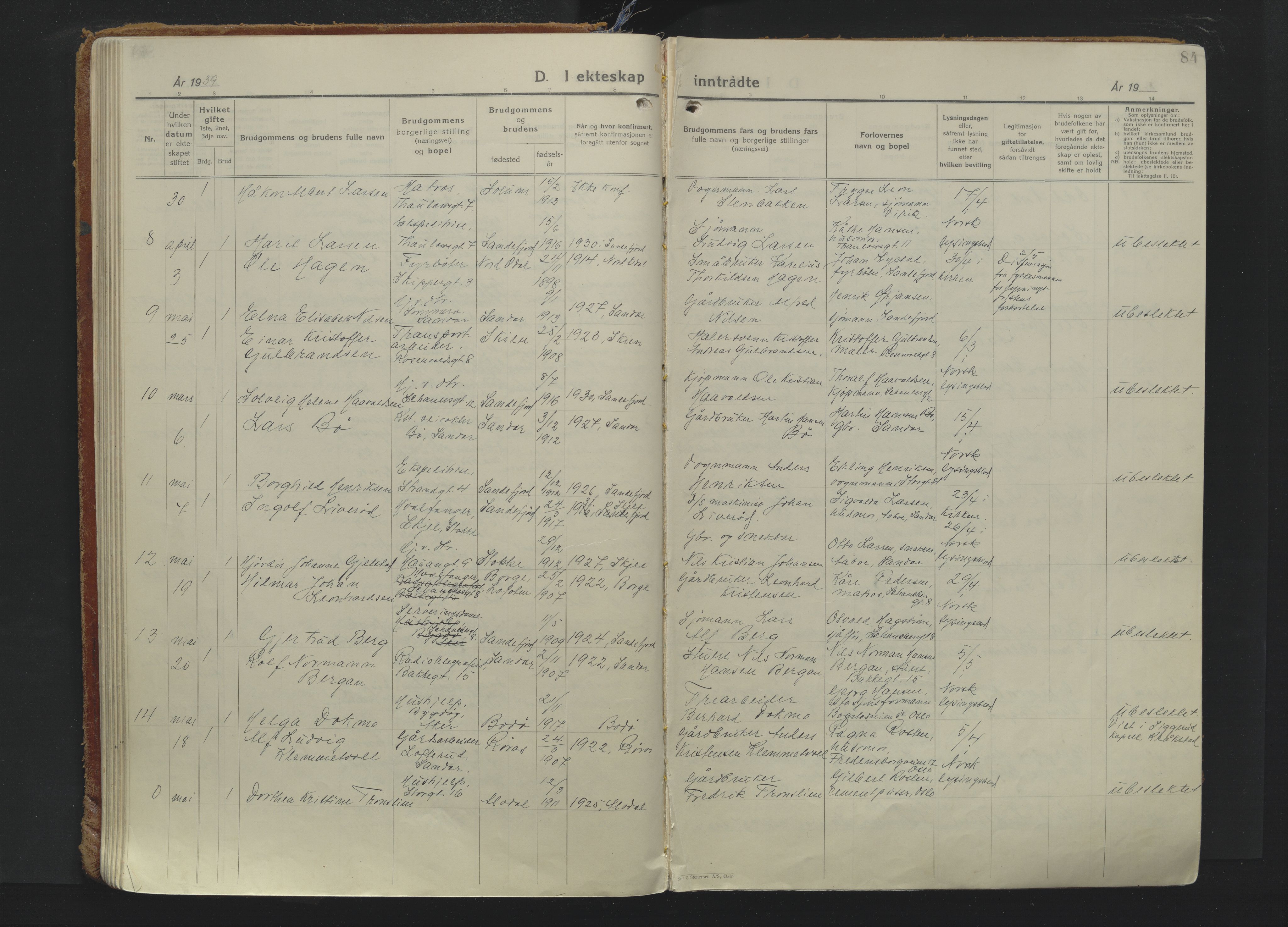 Sandefjord kirkebøker, SAKO/A-315/F/Fa/L0009: Parish register (official) no. 9, 1926-1945, p. 84