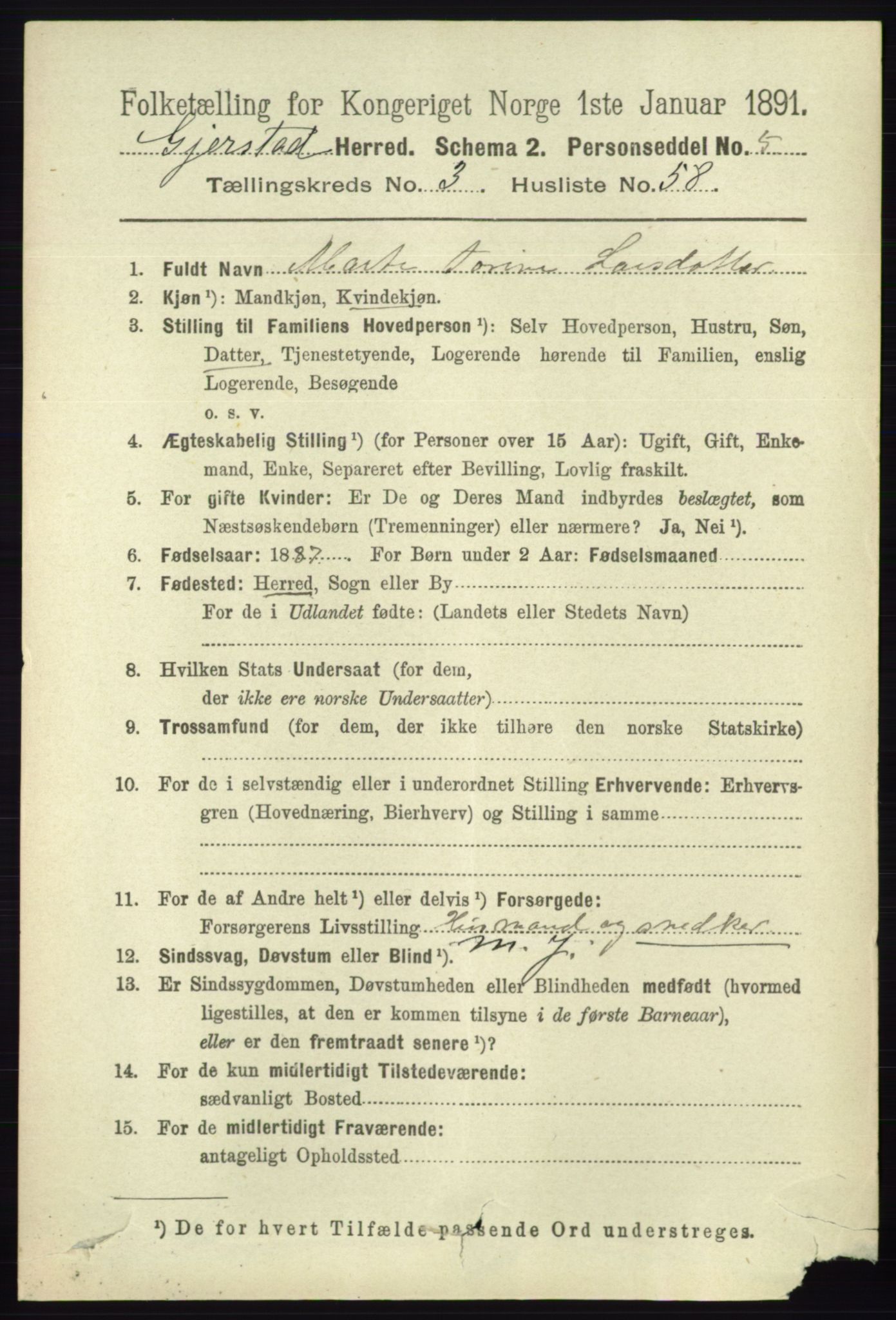 RA, 1891 census for 0911 Gjerstad, 1891, p. 1435