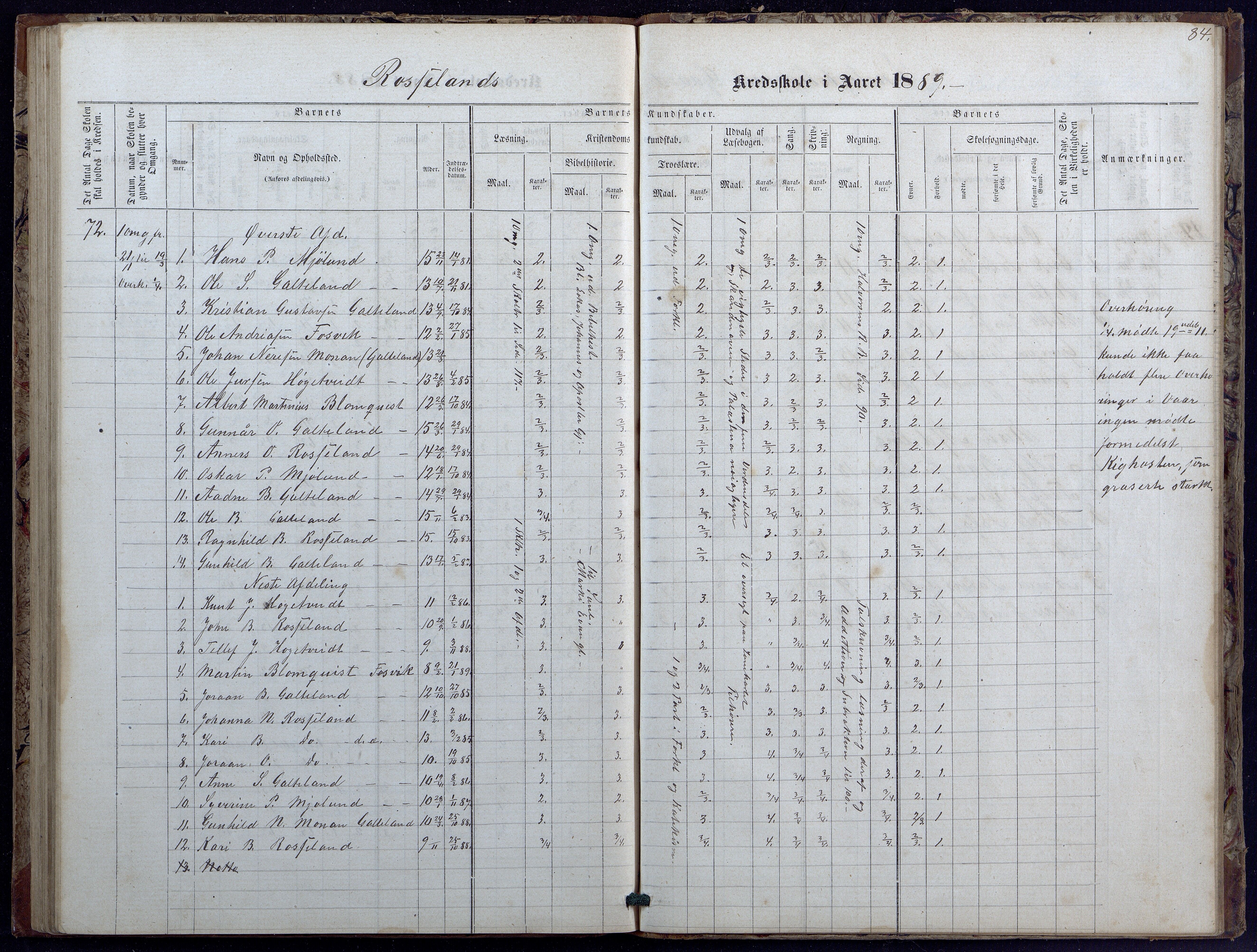 Evje kommune, Landsverk/Omland/Rosseland skolekretser, AAKS/KA0937-550d/F1/L0001: Skoleprotokoll for Landsverk, Omland, Rosseland skolekretser, 1863-1888, p. 84