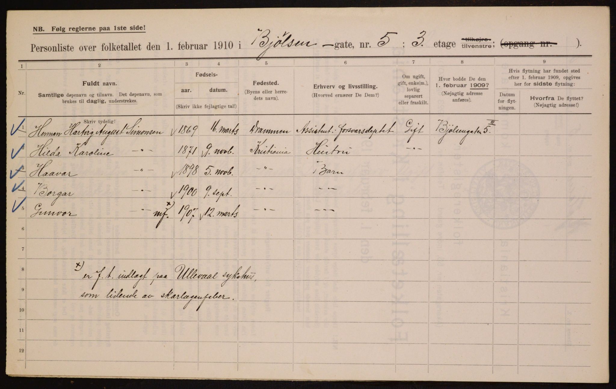 OBA, Municipal Census 1910 for Kristiania, 1910, p. 6255