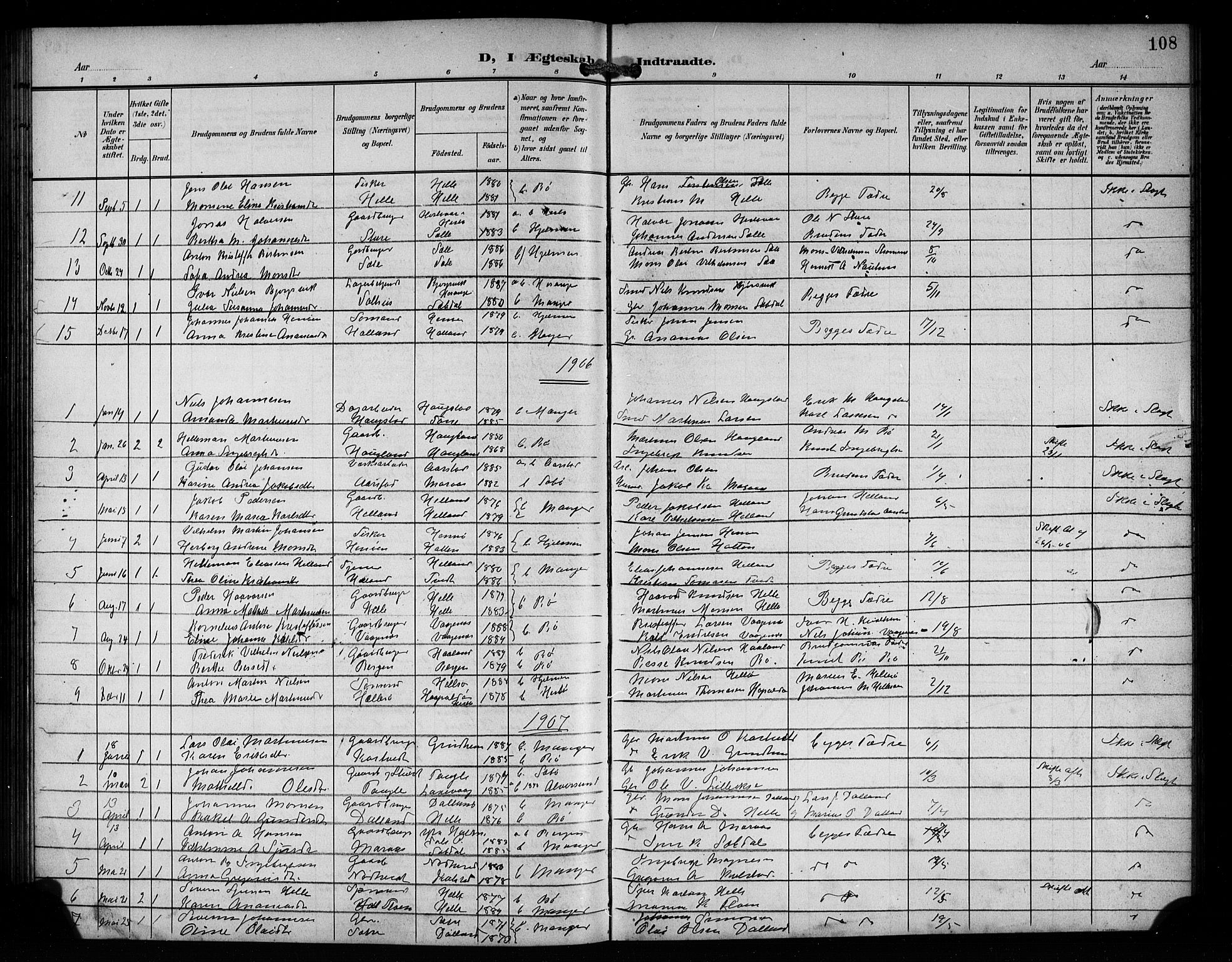 Manger sokneprestembete, SAB/A-76801/H/Hab: Parish register (copy) no. A 2, 1902-1923, p. 108