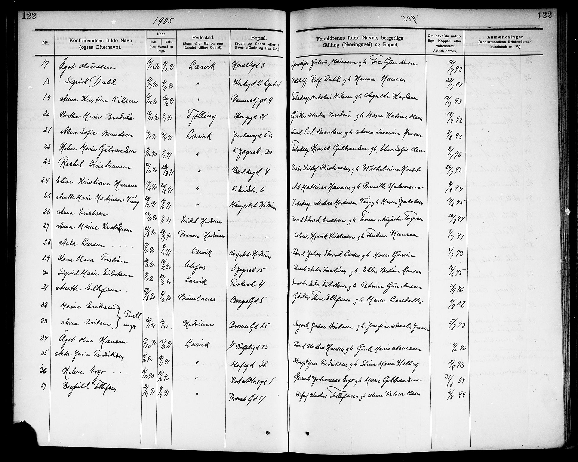 Larvik kirkebøker, AV/SAKO-A-352/G/Ga/L0006: Parish register (copy) no. I 6, 1888-1917, p. 122