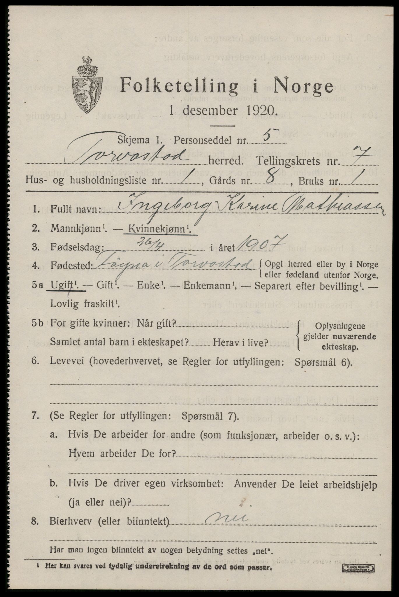 SAST, 1920 census for Torvastad, 1920, p. 5096