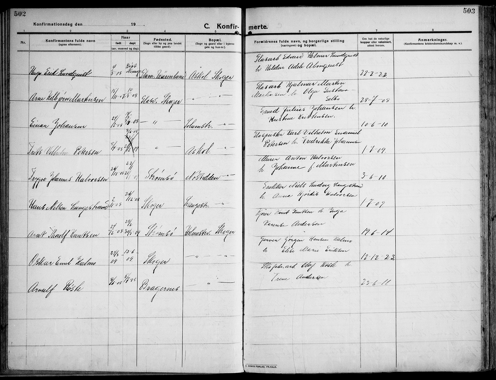 Skoger kirkebøker, AV/SAKO-A-59/F/Fa/L0007: Parish register (official) no. I 7, 1911-1936, p. 502-503