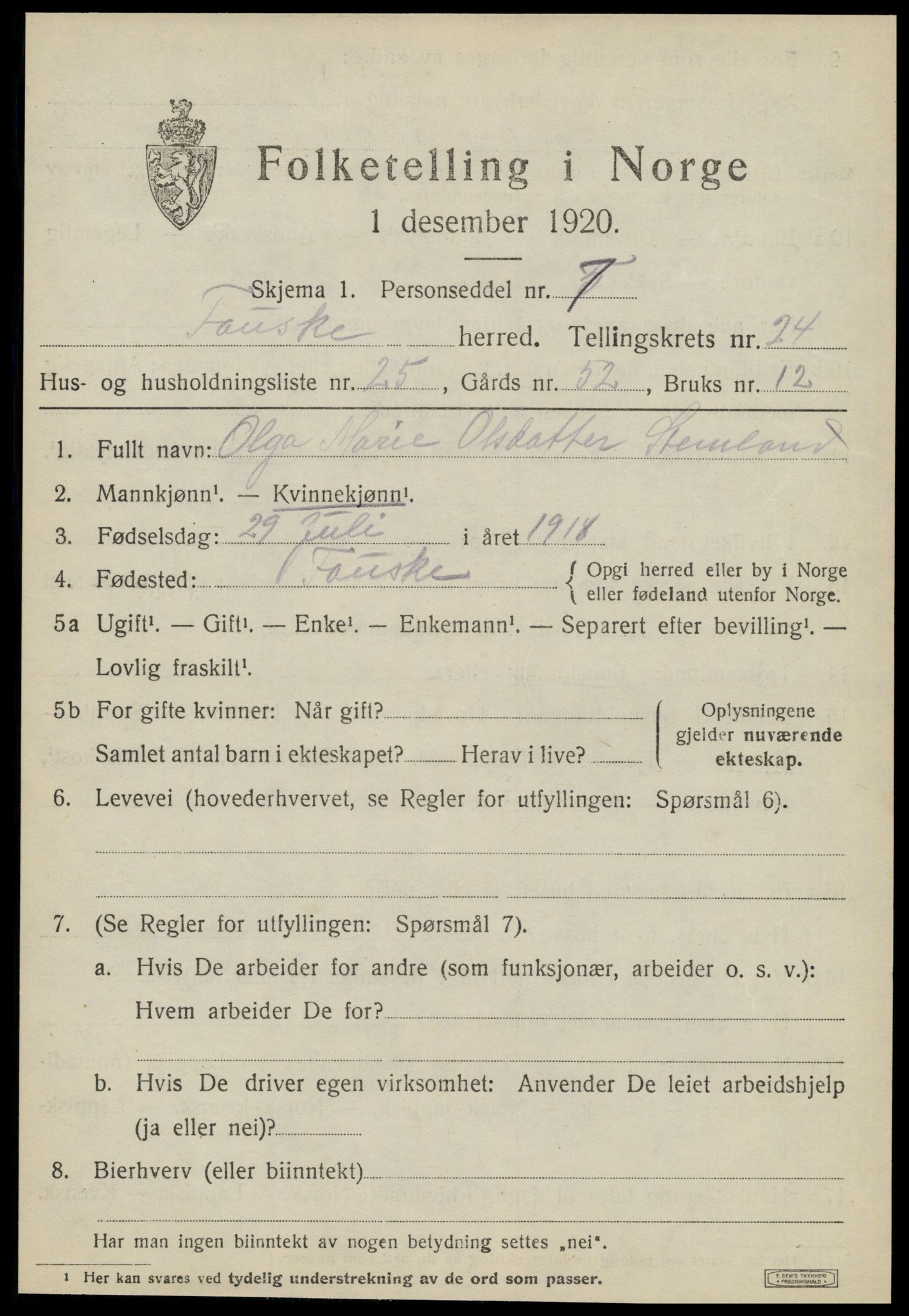 SAT, 1920 census for Fauske, 1920, p. 15078