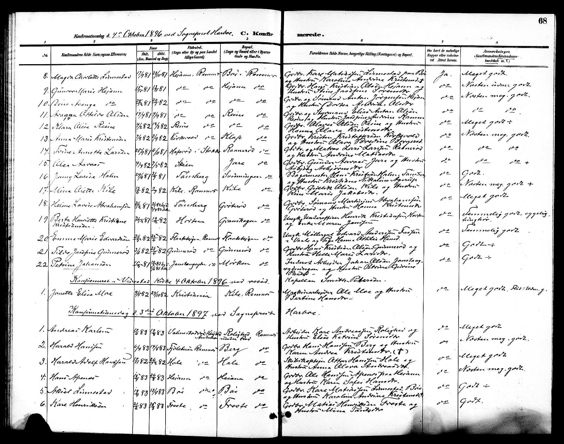 Ramnes kirkebøker, AV/SAKO-A-314/G/Ga/L0004: Parish register (copy) no. I 4, 1896-1911, p. 68