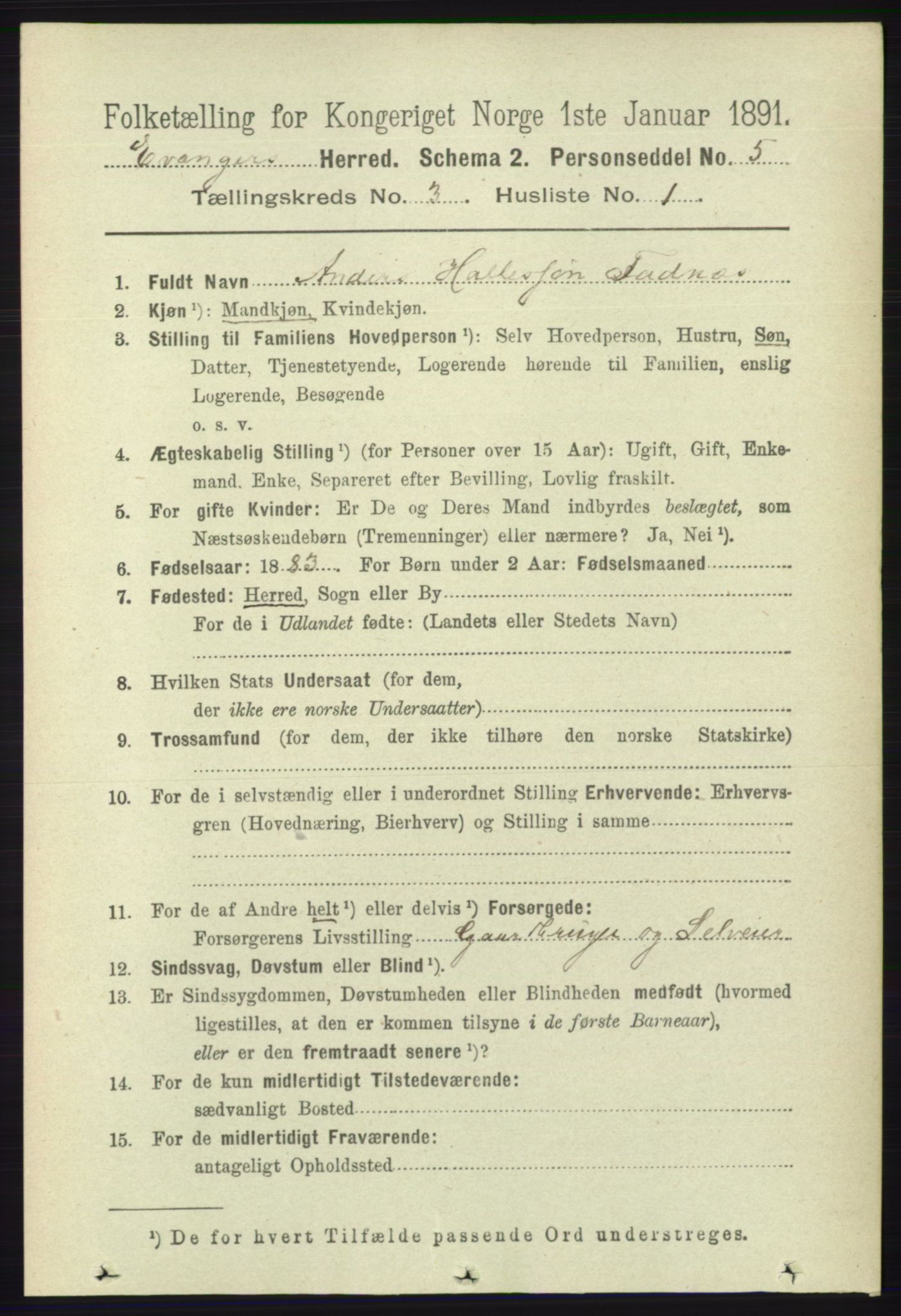 RA, 1891 census for 1237 Evanger, 1891, p. 856
