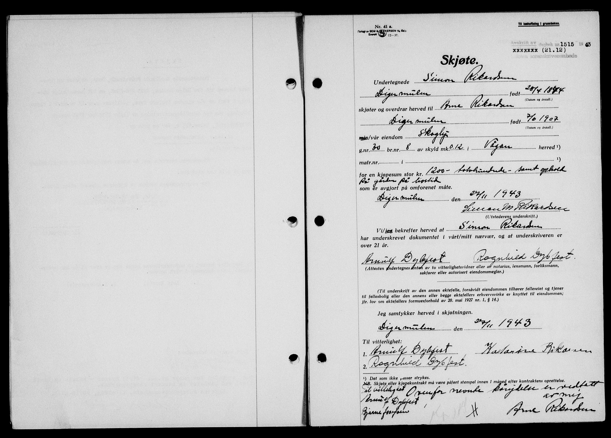 Lofoten sorenskriveri, SAT/A-0017/1/2/2C/L0012a: Mortgage book no. 12a, 1943-1944, Diary no: : 1515/1943