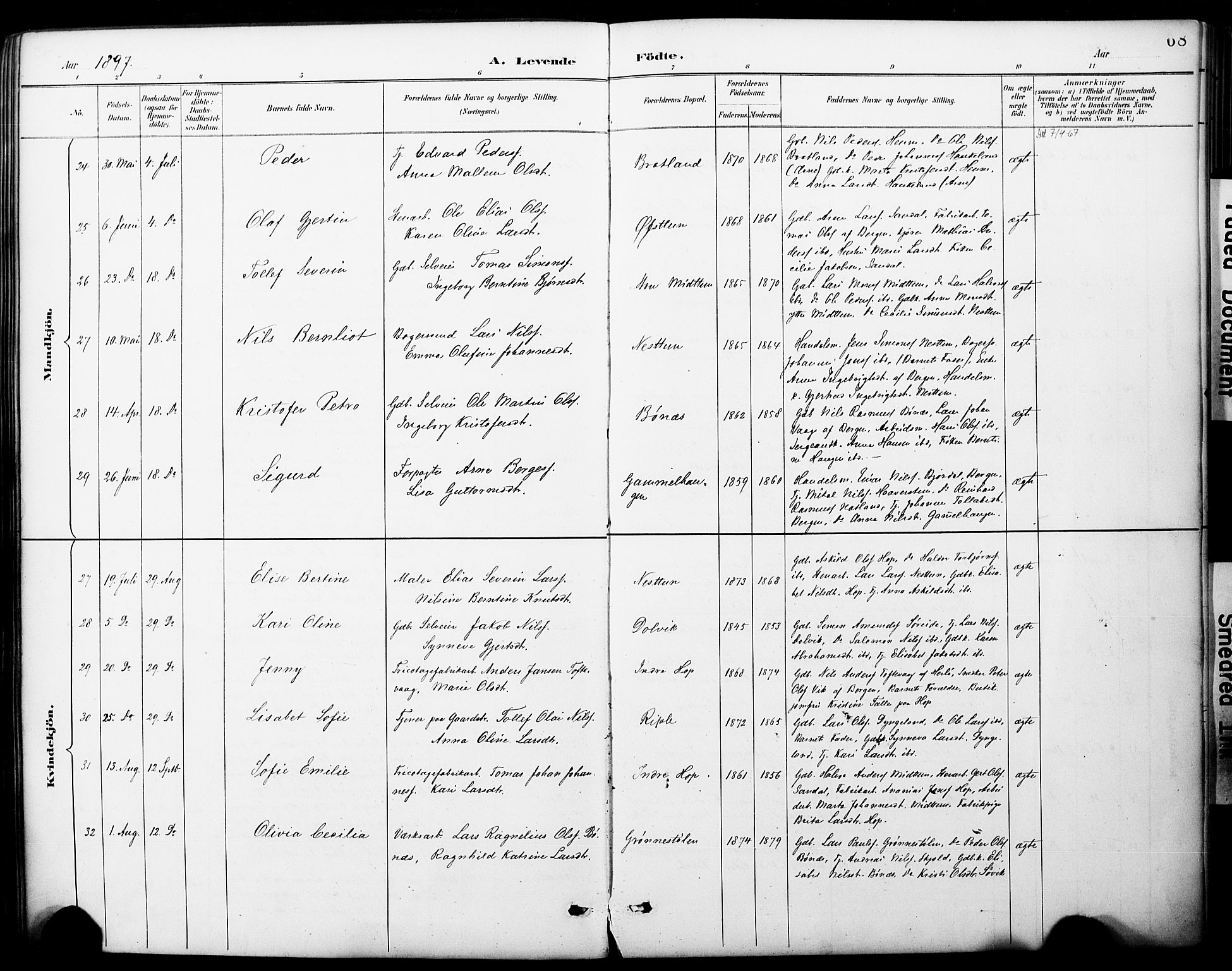 Fana Sokneprestembete, AV/SAB-A-75101/H/Haa/Haai/L0002: Parish register (official) no. I 2, 1888-1899, p. 68