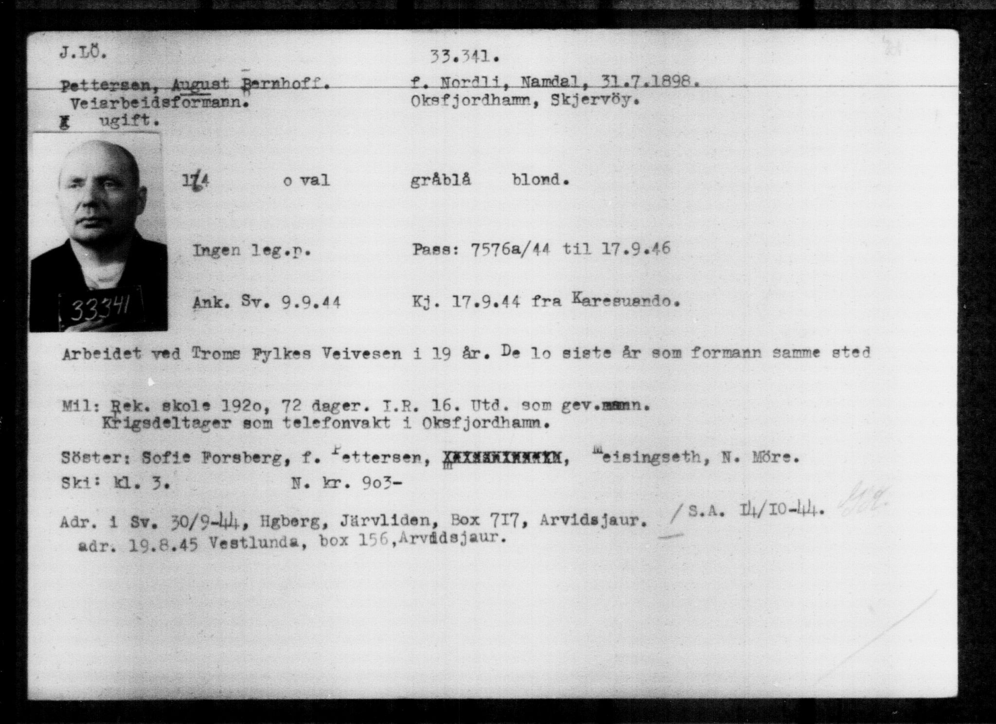 Utenriksstasjonene, Legasjonen i Stockholm, Flyktningkontoret, AV/RA-S-6753/V/Va/L0013: Kjesäterkartoteket, flyktninger med registreringsnr. 31500-34731, 1940-1945, p. 1937