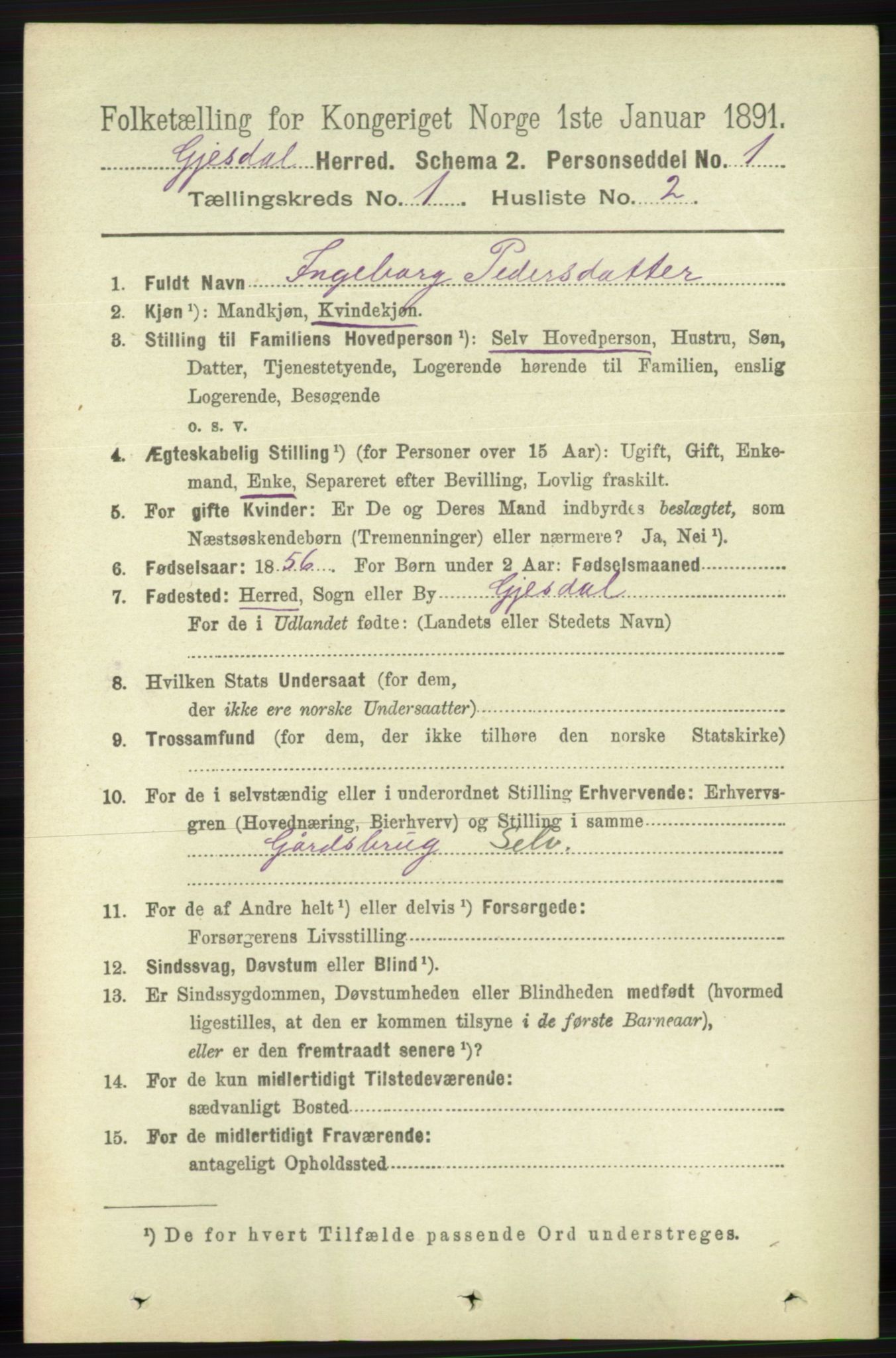 RA, 1891 census for 1122 Gjesdal, 1891, p. 65