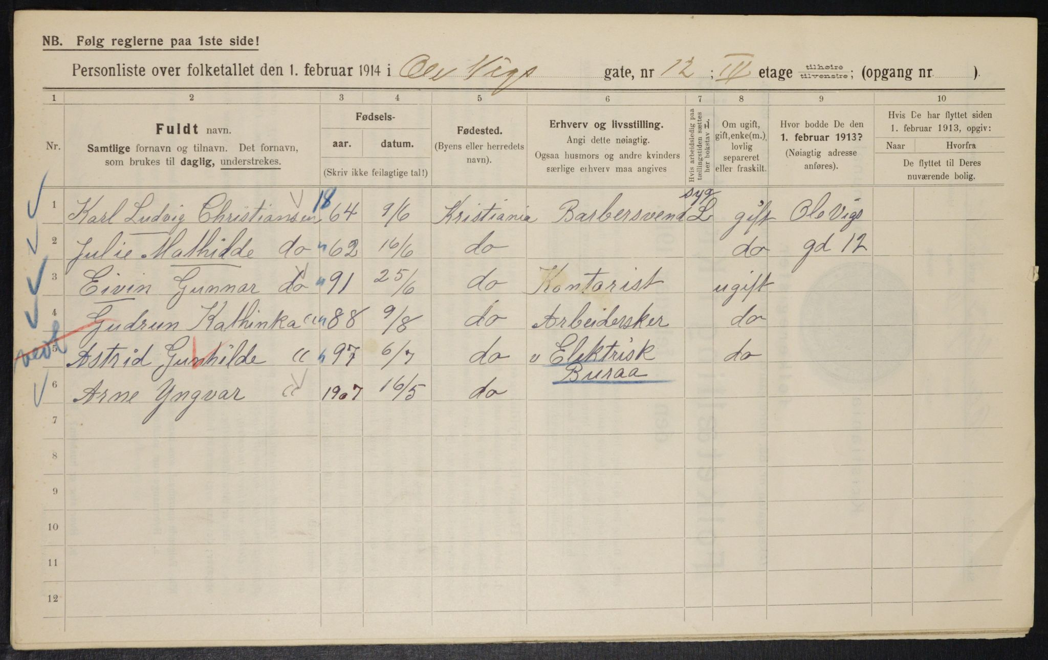 OBA, Municipal Census 1914 for Kristiania, 1914, p. 75558