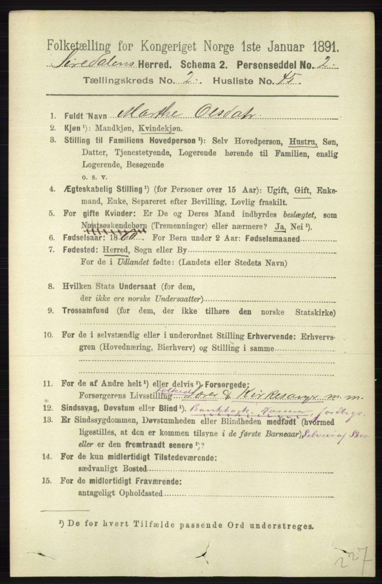 RA, 1891 census for 1046 Sirdal, 1891, p. 613