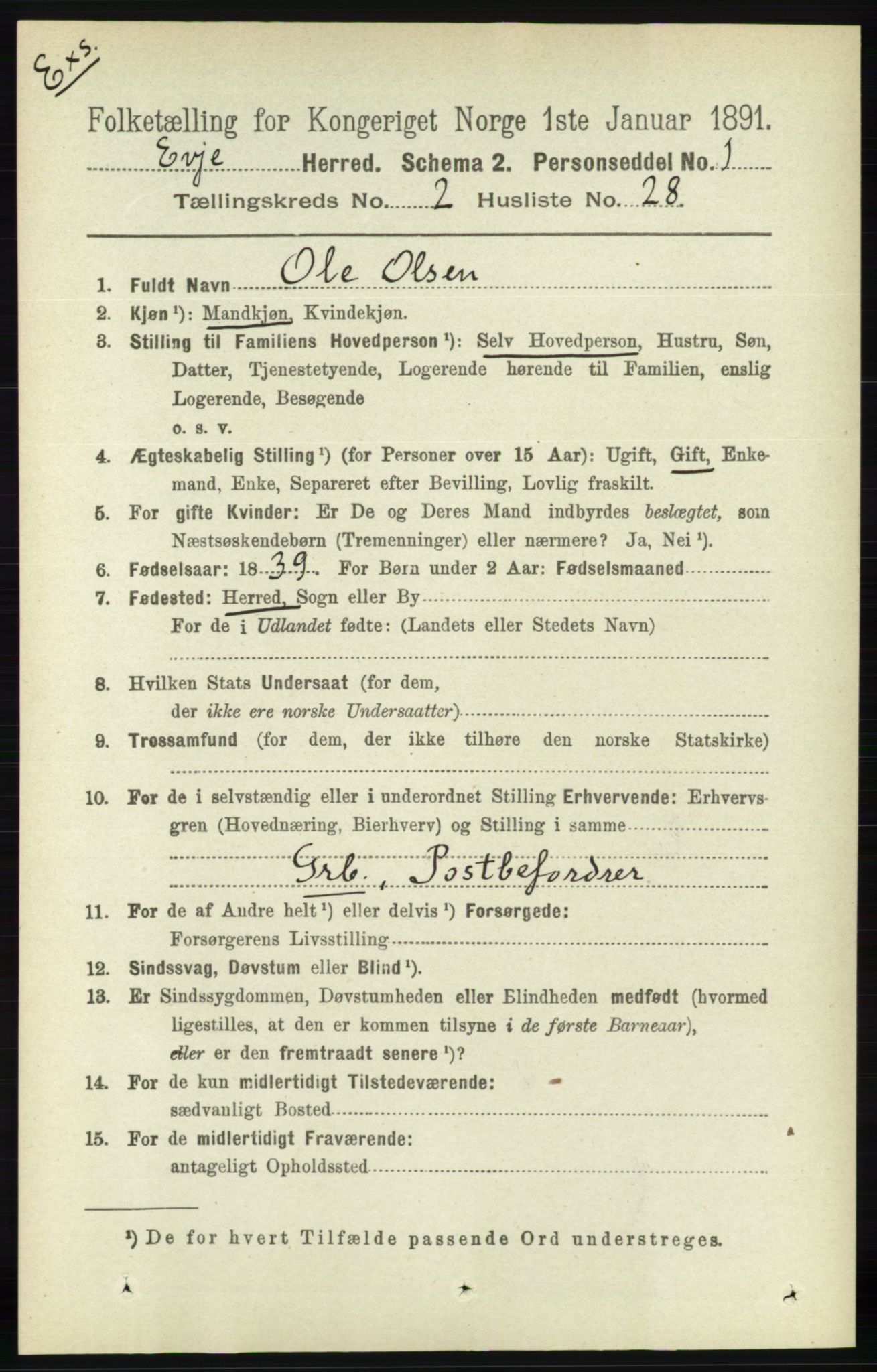 RA, Census 1891 for Nedenes amt: Gjenparter av personsedler for beslektede ektefeller, menn, 1891, p. 1000