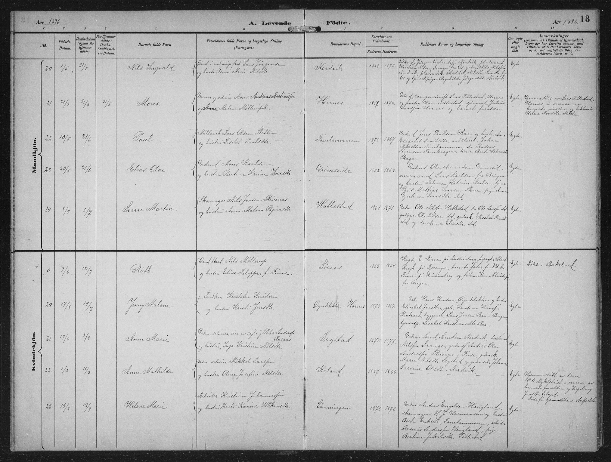 Fana Sokneprestembete, AV/SAB-A-75101/H/Hab/Haba/L0003: Parish register (copy) no. A 3, 1895-1902, p. 13