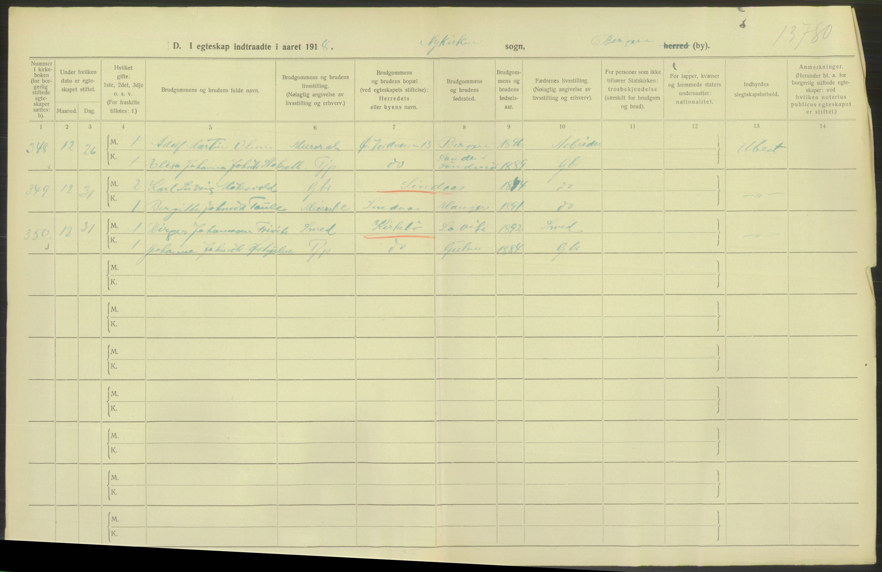 Statistisk sentralbyrå, Sosiodemografiske emner, Befolkning, RA/S-2228/D/Df/Dfb/Dfbh/L0038: Bergen: Gifte, dødfødte., 1918, p. 184