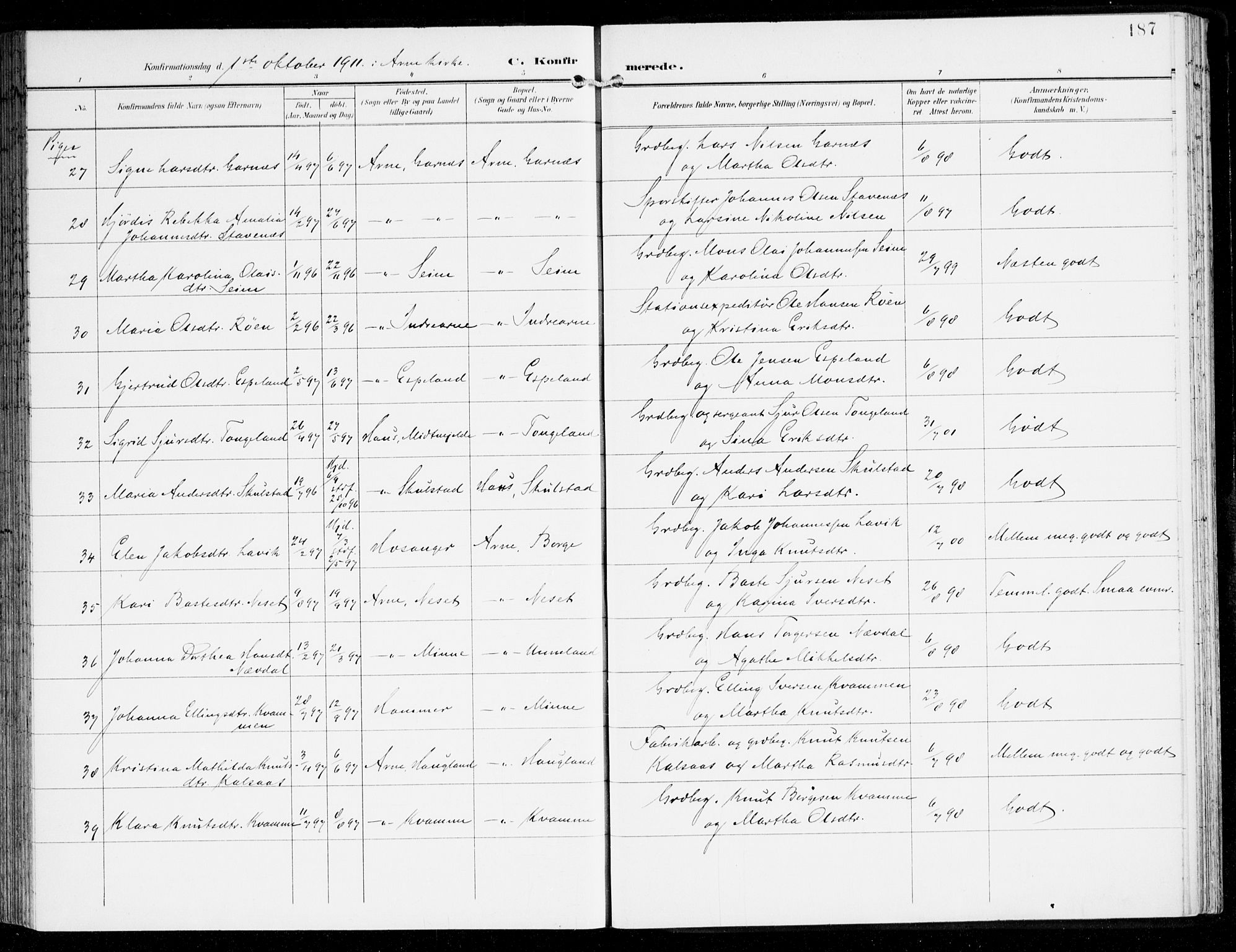 Haus sokneprestembete, AV/SAB-A-75601/H/Haa: Parish register (official) no. D 2, 1899-1912, p. 187