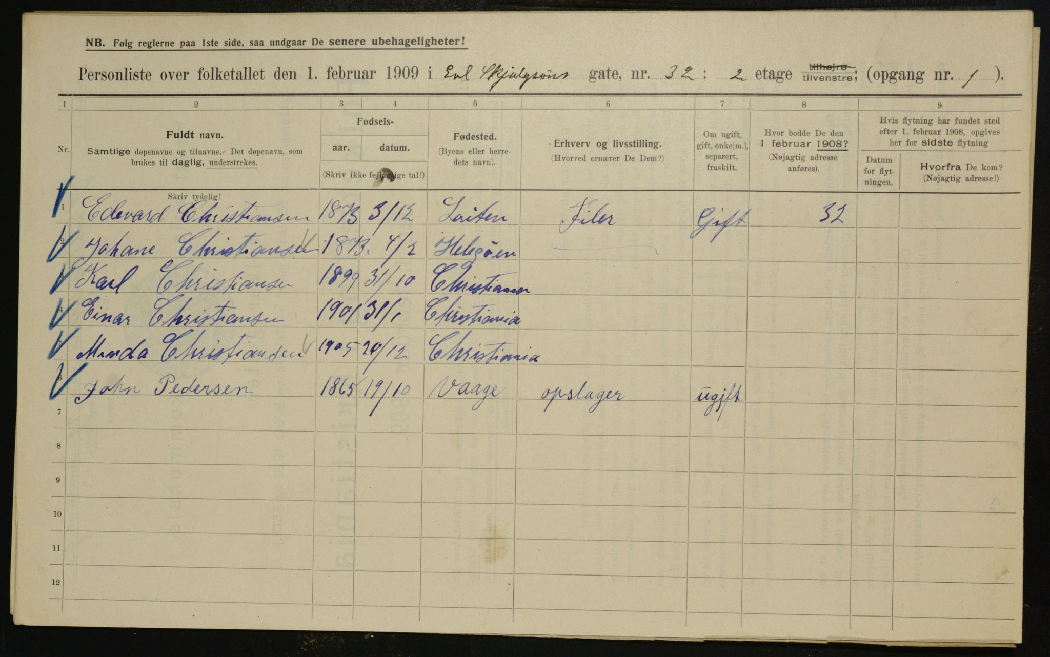 OBA, Municipal Census 1909 for Kristiania, 1909, p. 20165