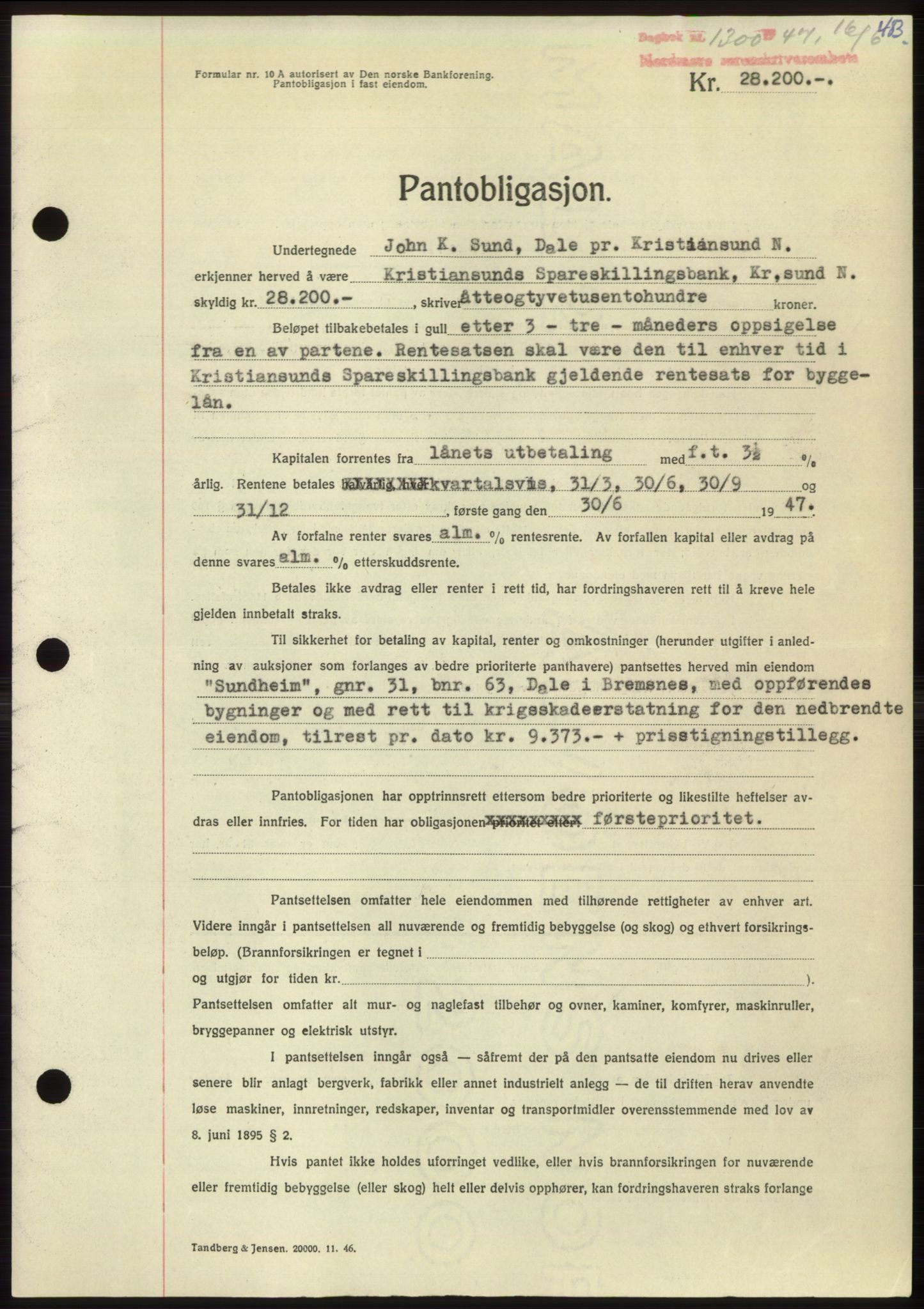 Nordmøre sorenskriveri, AV/SAT-A-4132/1/2/2Ca: Mortgage book no. B96, 1947-1947, Diary no: : 1300/1947