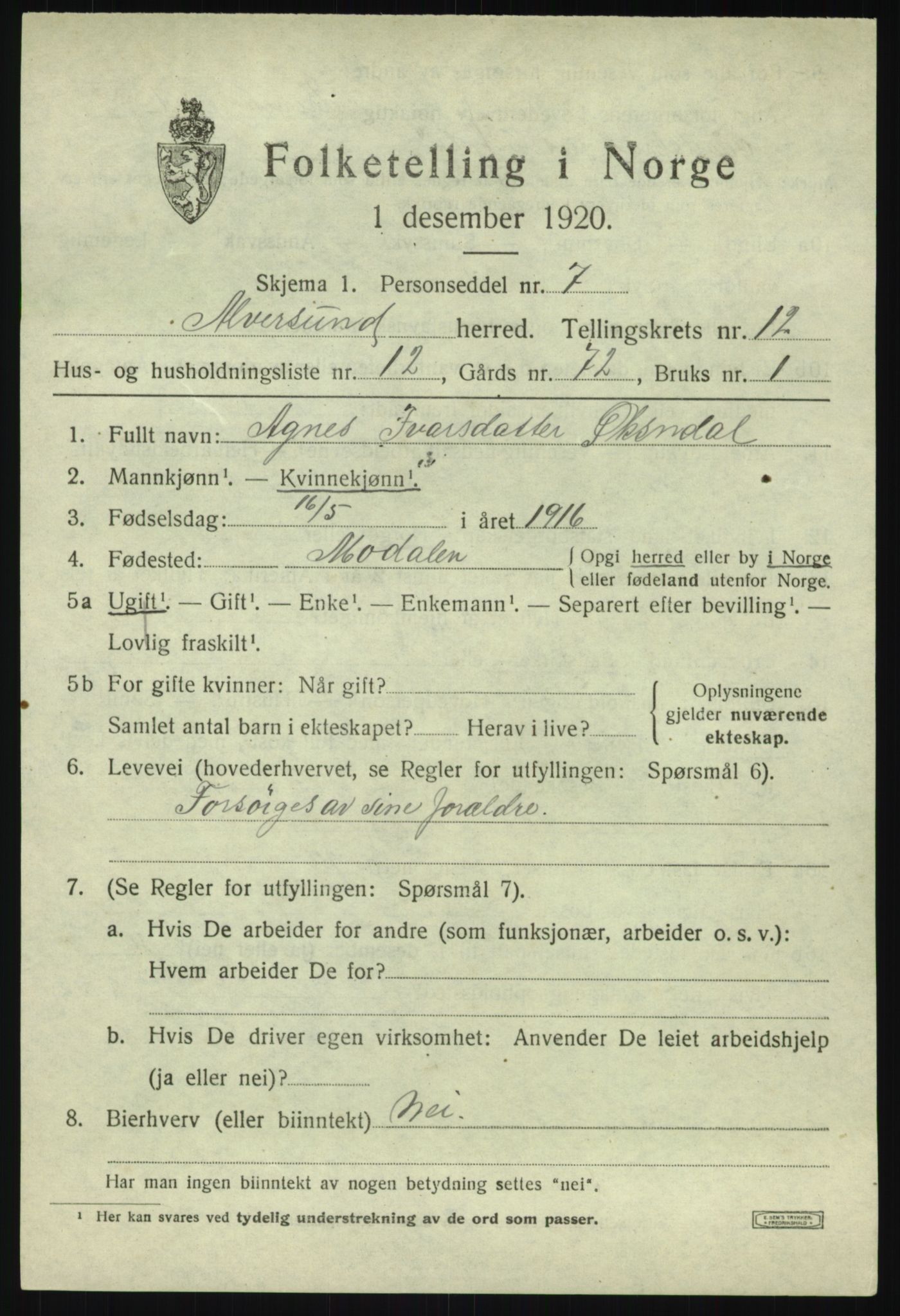 SAB, 1920 census for Alversund, 1920, p. 7140