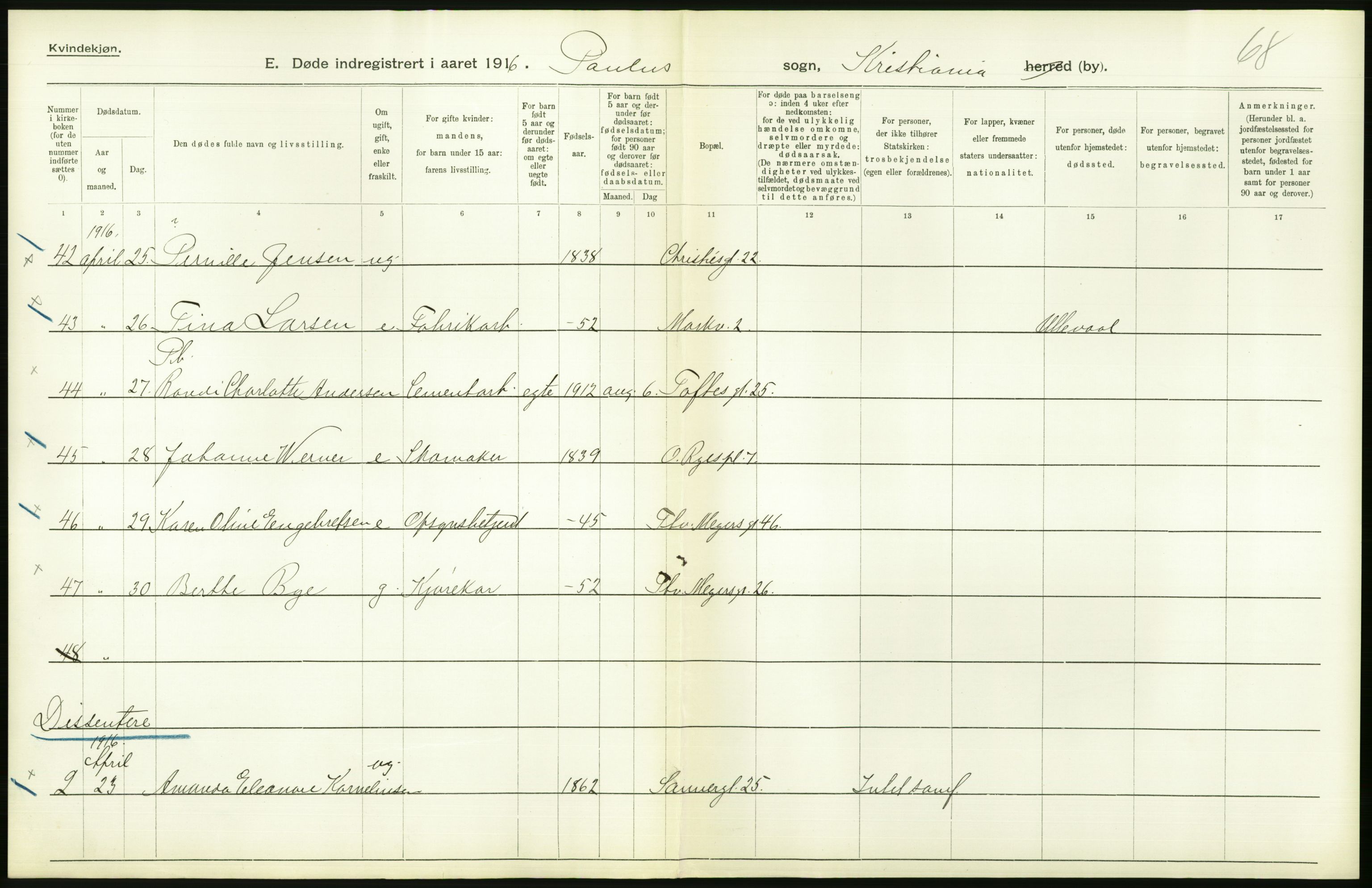 Statistisk sentralbyrå, Sosiodemografiske emner, Befolkning, AV/RA-S-2228/D/Df/Dfb/Dfbf/L0009: Kristiania: Døde., 1916, p. 12