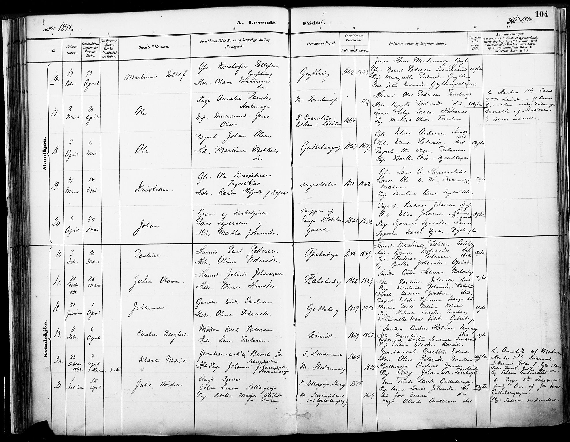 Vang prestekontor, Hedmark, AV/SAH-PREST-008/H/Ha/Haa/L0019A: Parish register (official) no. 19, 1886-1900, p. 104