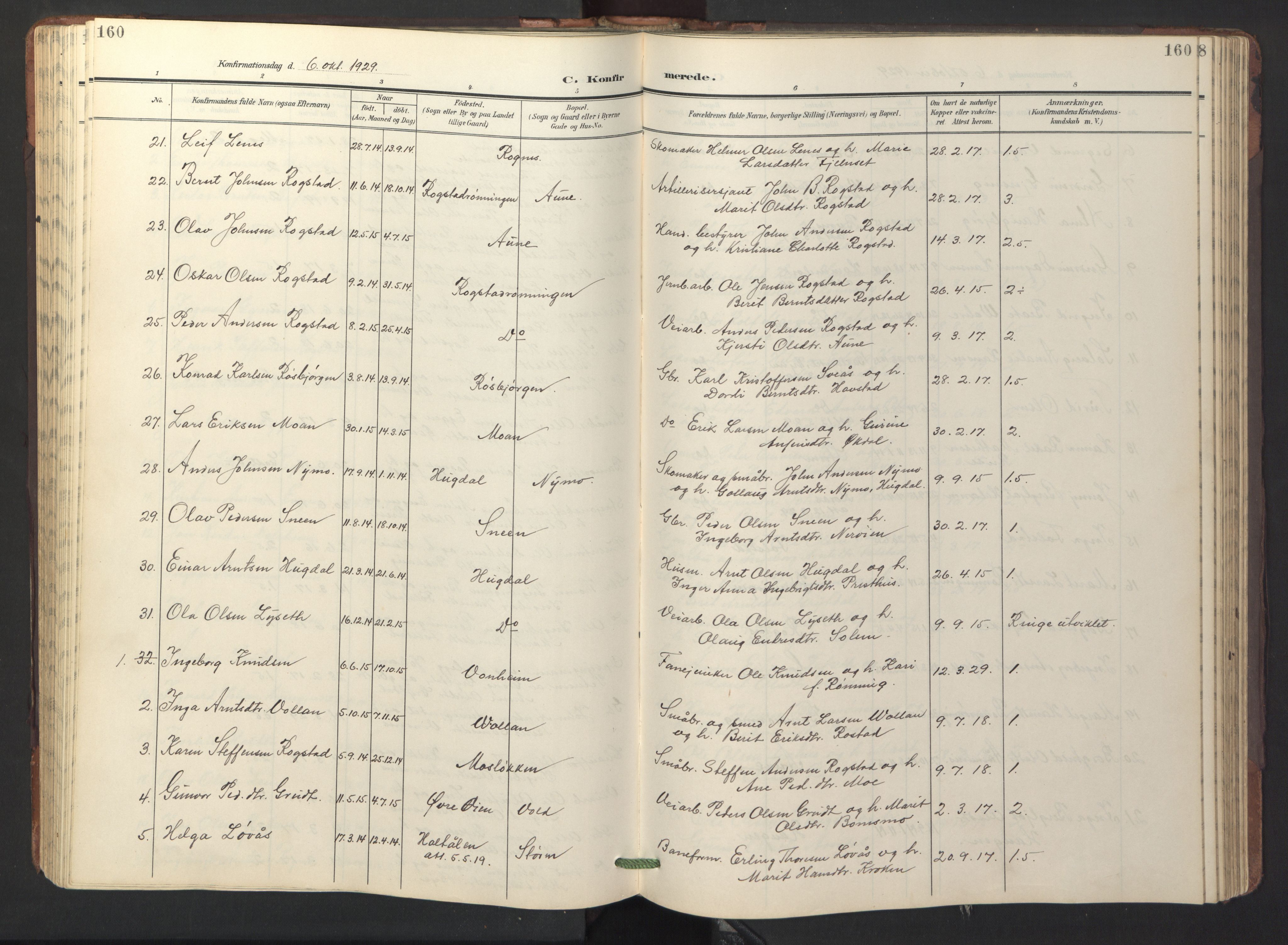 Ministerialprotokoller, klokkerbøker og fødselsregistre - Sør-Trøndelag, AV/SAT-A-1456/687/L1019: Parish register (copy) no. 687C03, 1904-1931, p. 160