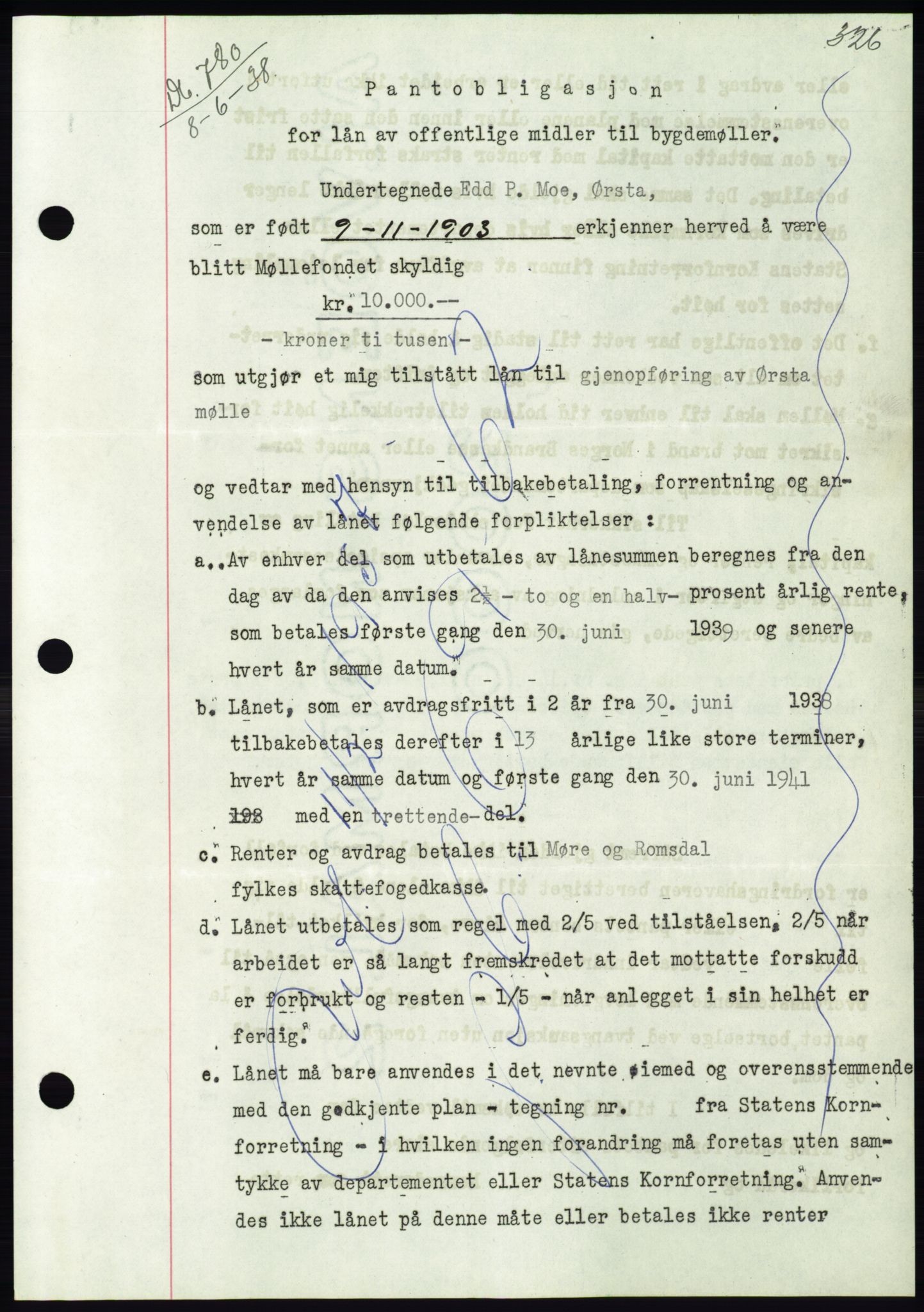 Søre Sunnmøre sorenskriveri, AV/SAT-A-4122/1/2/2C/L0065: Mortgage book no. 59, 1938-1938, Diary no: : 780/1938