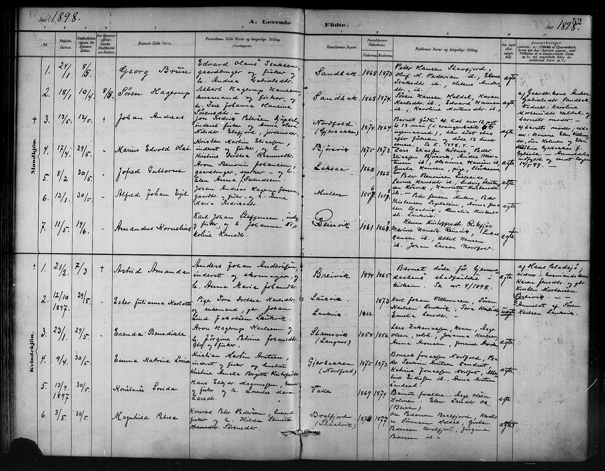 Ministerialprotokoller, klokkerbøker og fødselsregistre - Nordland, AV/SAT-A-1459/858/L0831: Parish register (official) no. 858A01, 1884-1902, p. 52