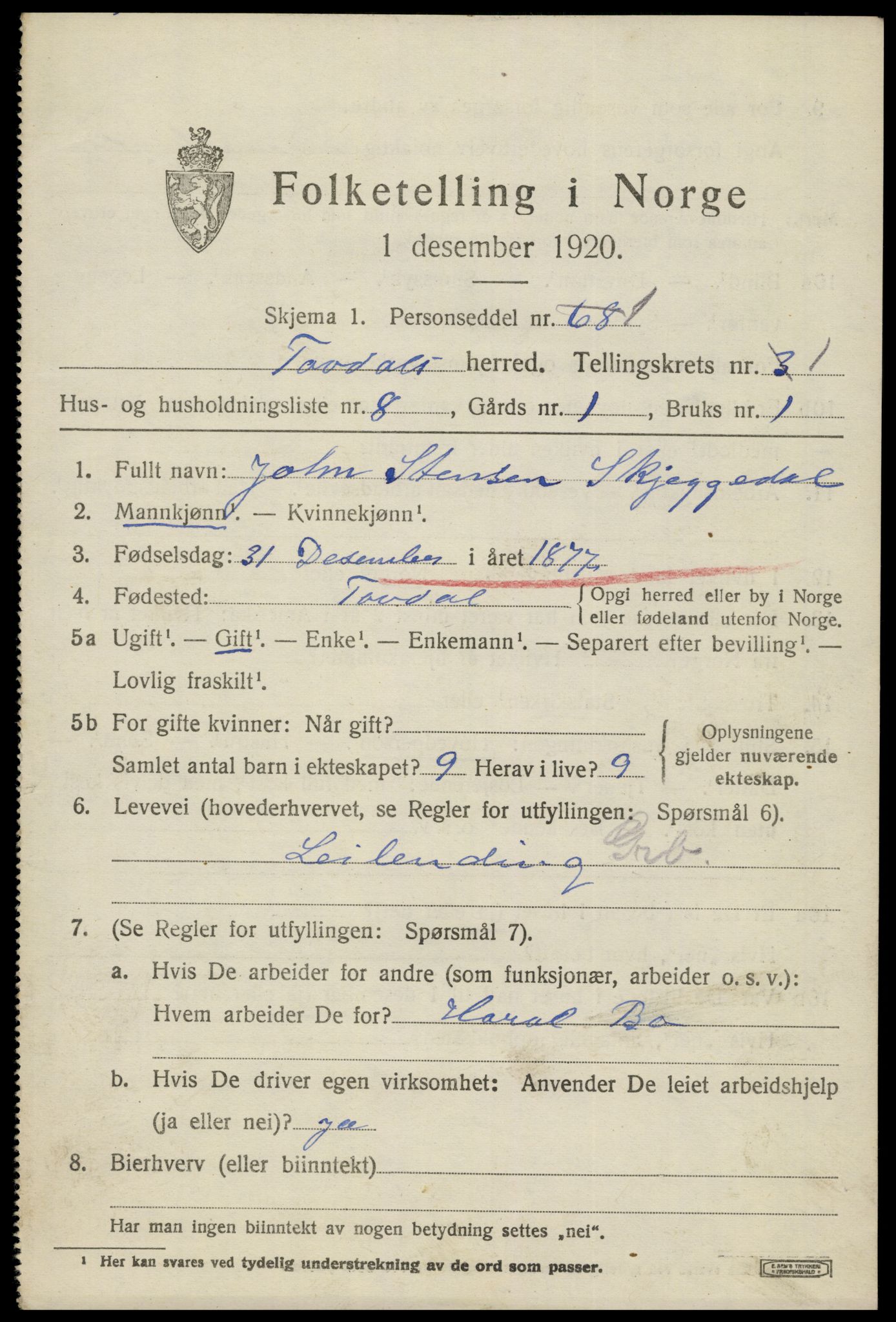 SAK, 1920 census for Tovdal, 1920, p. 279