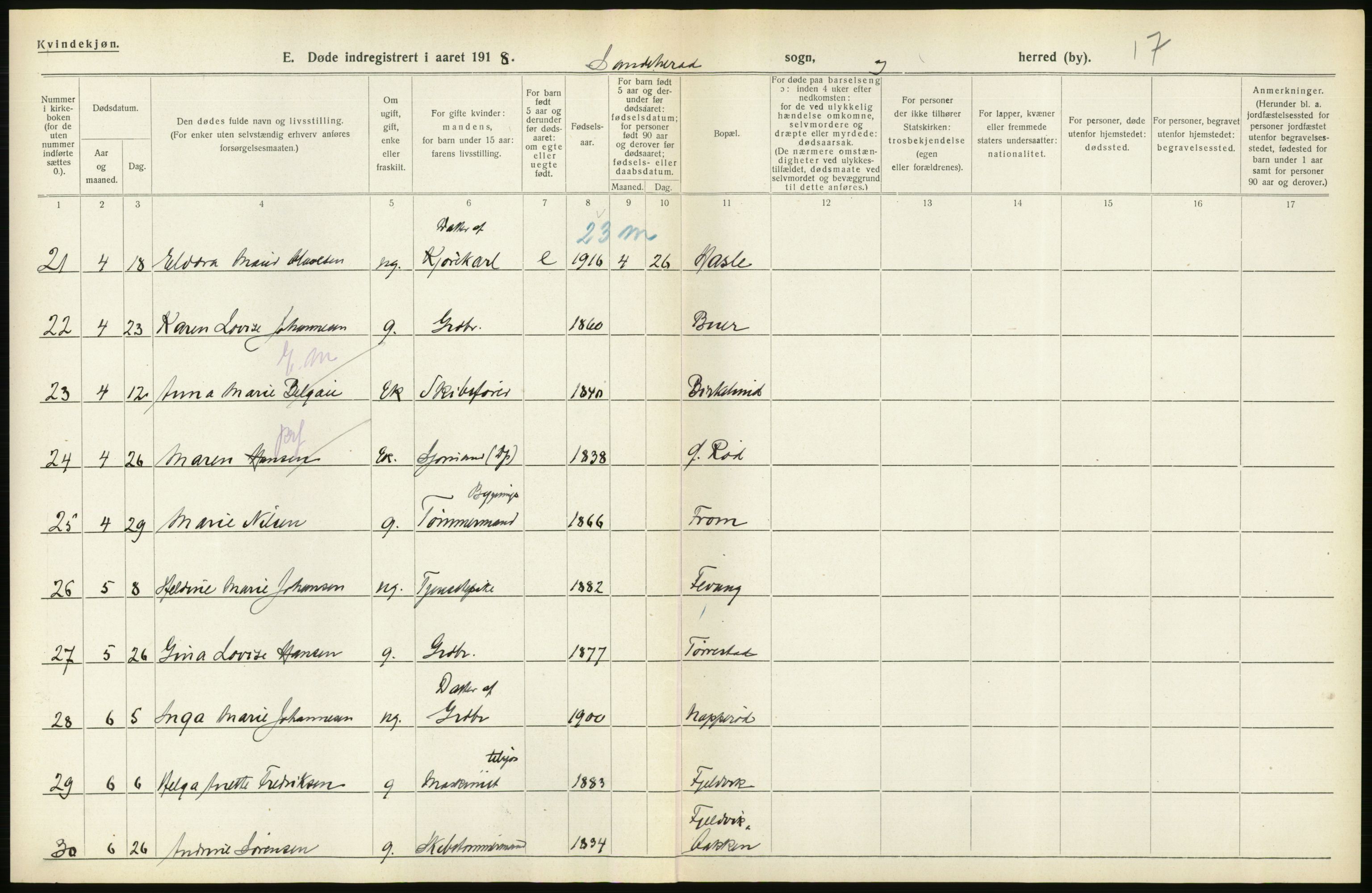 Statistisk sentralbyrå, Sosiodemografiske emner, Befolkning, AV/RA-S-2228/D/Df/Dfb/Dfbh/L0023: Vestfold fylke: Døde. Bygder og byer., 1918, p. 306