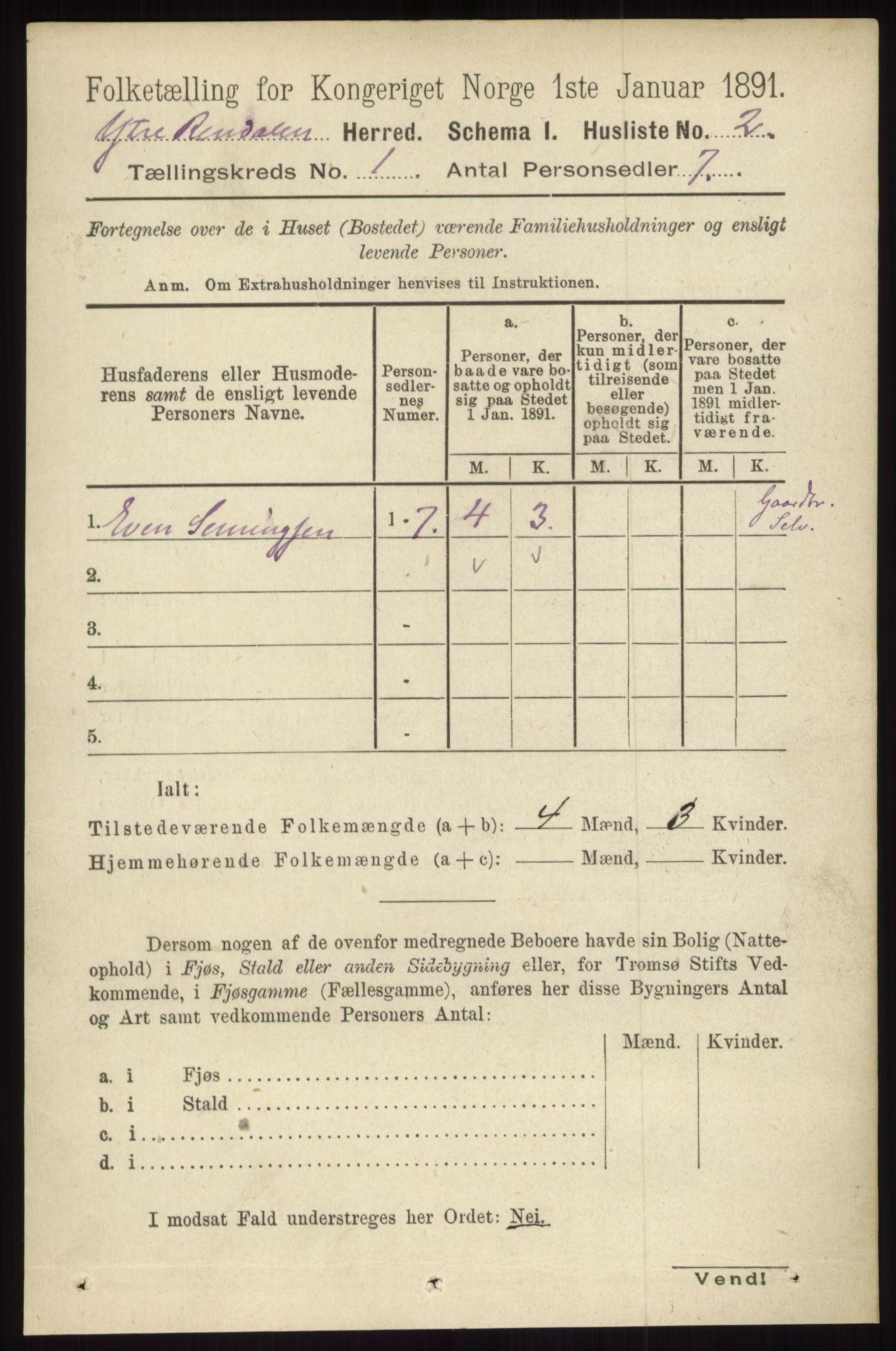 RA, 1891 census for 0432 Ytre Rendal, 1891, p. 26