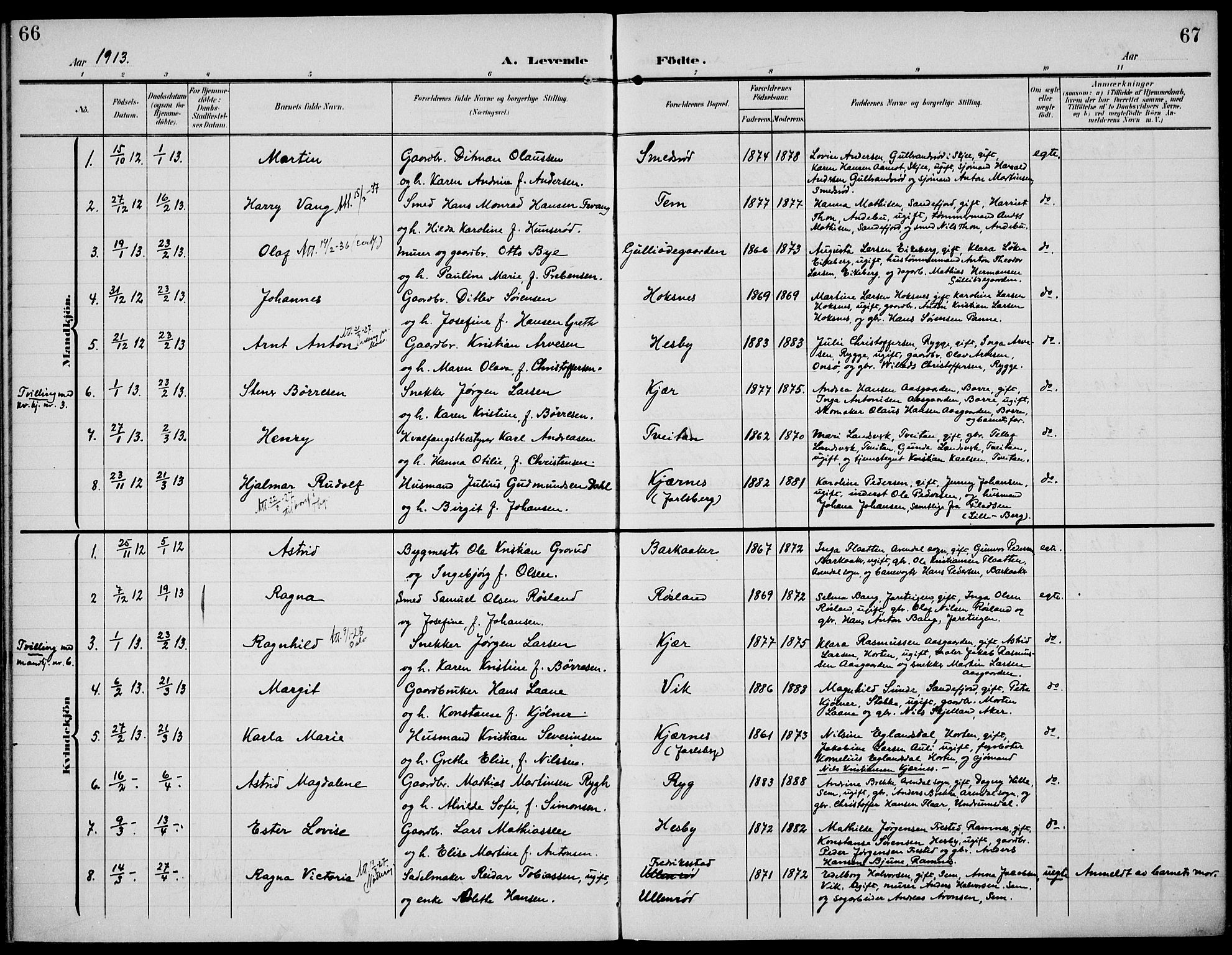 Sem kirkebøker, SAKO/A-5/F/Fa/L0012: Parish register (official) no. I 12, 1905-1915, p. 66-67