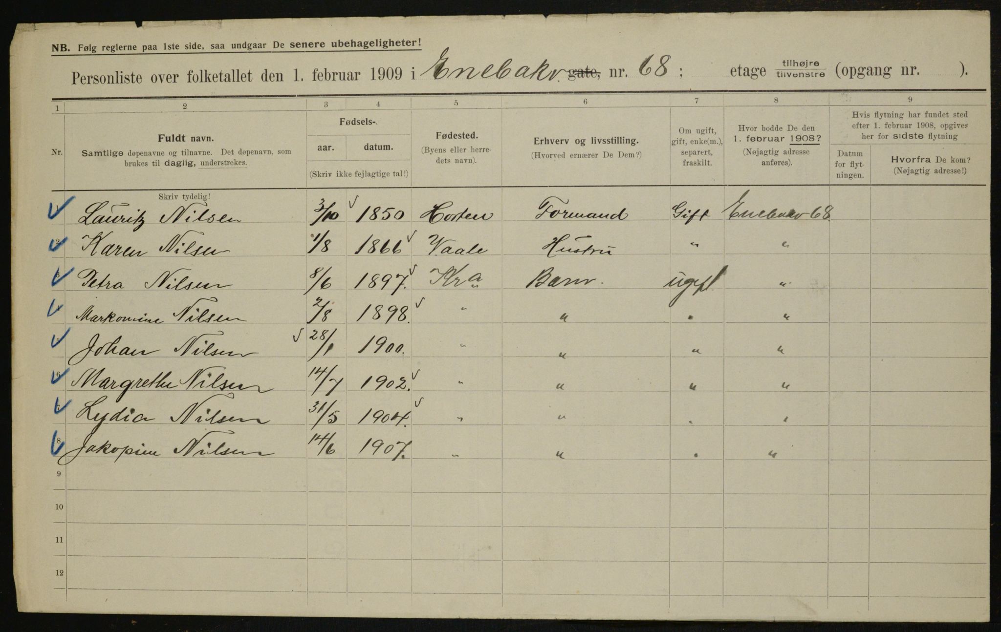 OBA, Municipal Census 1909 for Kristiania, 1909, p. 19405