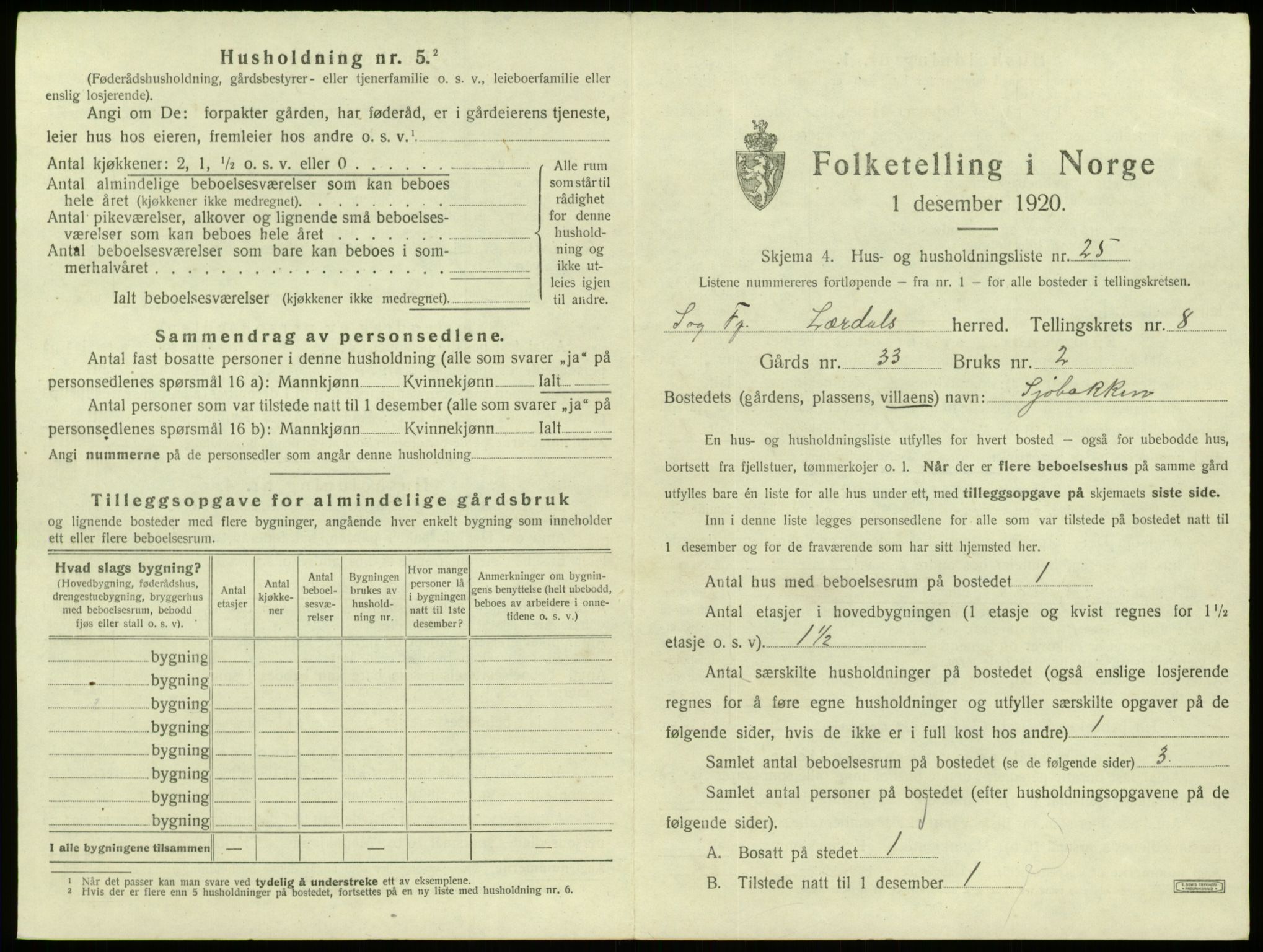 SAB, 1920 census for Lærdal, 1920, p. 764