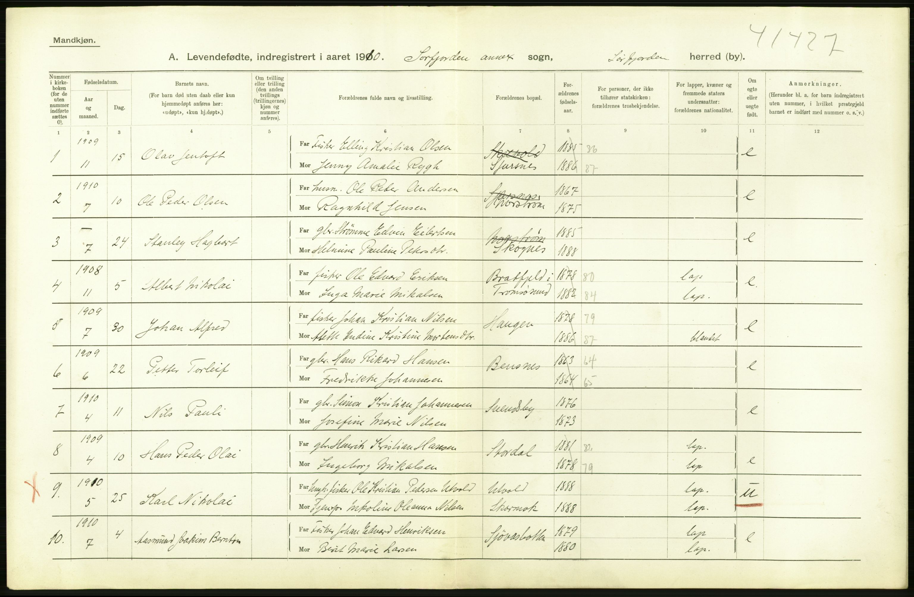 Statistisk sentralbyrå, Sosiodemografiske emner, Befolkning, AV/RA-S-2228/D/Df/Dfa/Dfah/L0043: Tromsø amt: Levendefødte menn og kvinner. Bygder og byer., 1910, p. 24