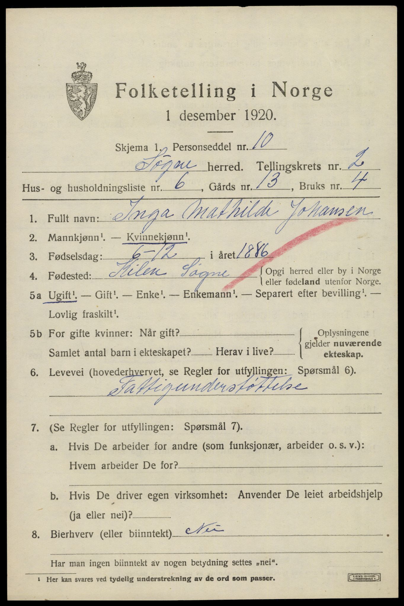 SAK, 1920 census for Søgne, 1920, p. 1511