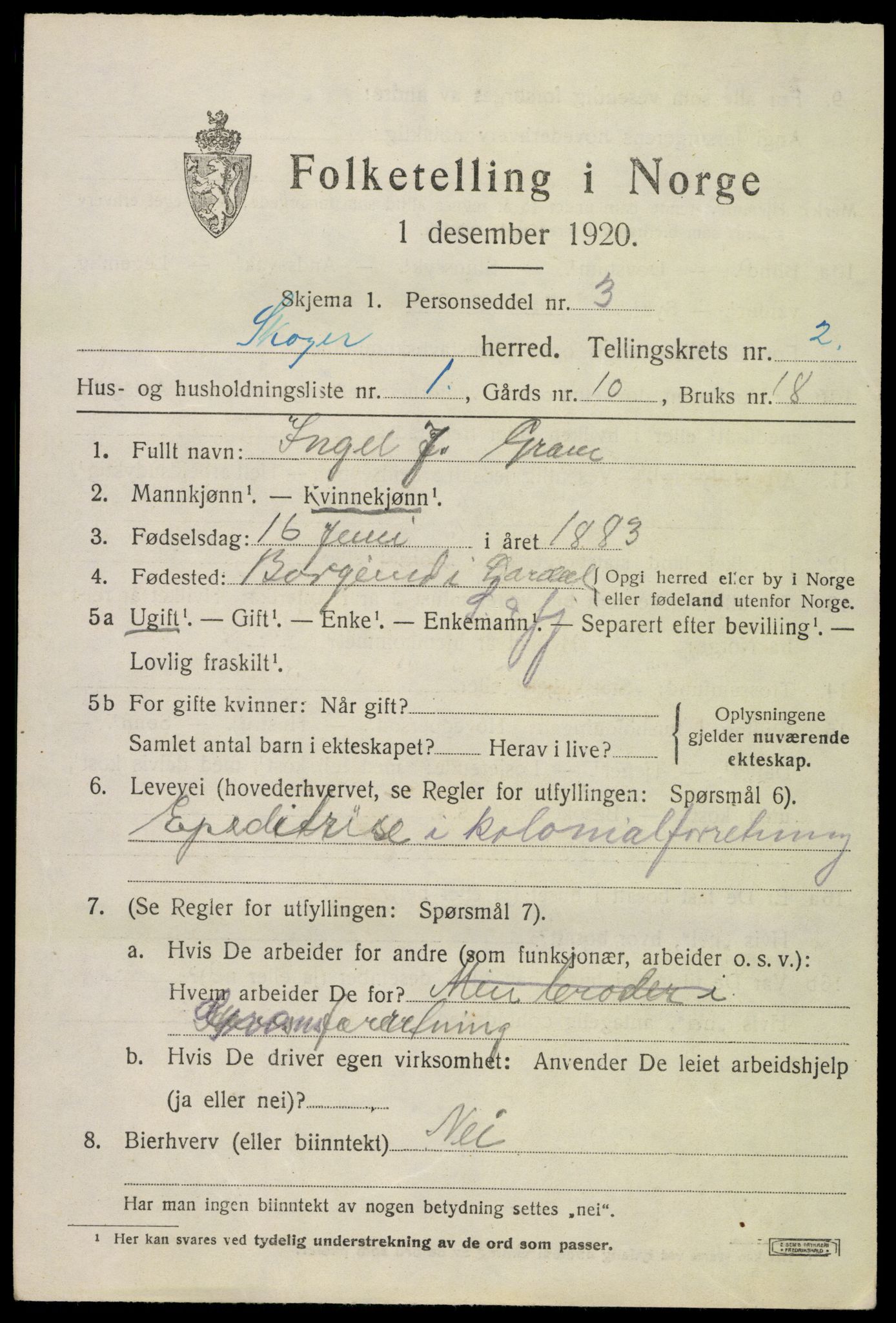 SAKO, 1920 census for Skoger, 1920, p. 4209