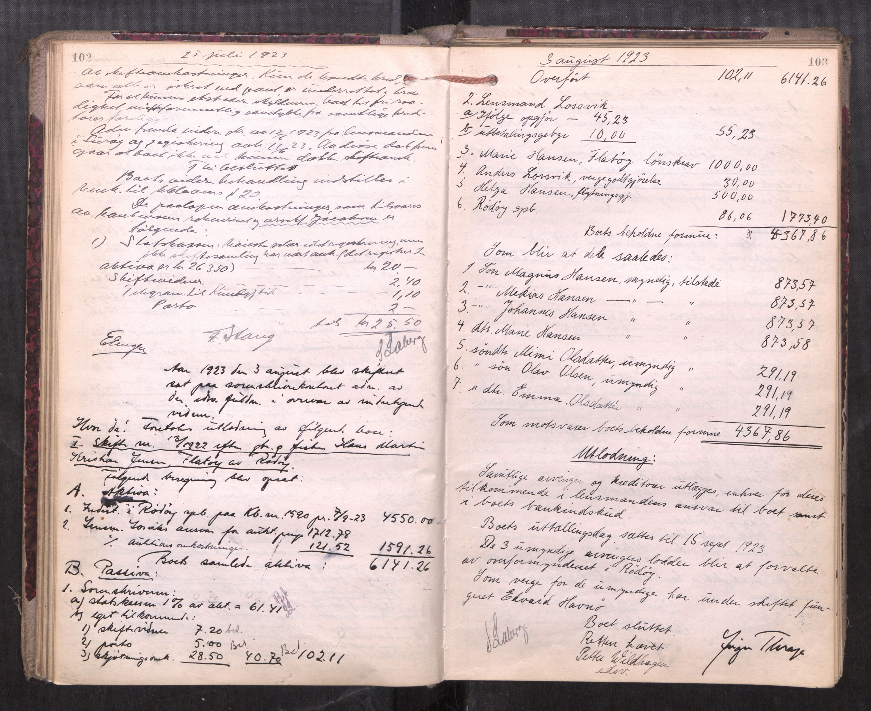 Rana sorenskriveri , AV/SAT-A-1108/1/3/3A/L0010: Skifteslutningsprotokoll, 1921-1927, p. 102-103