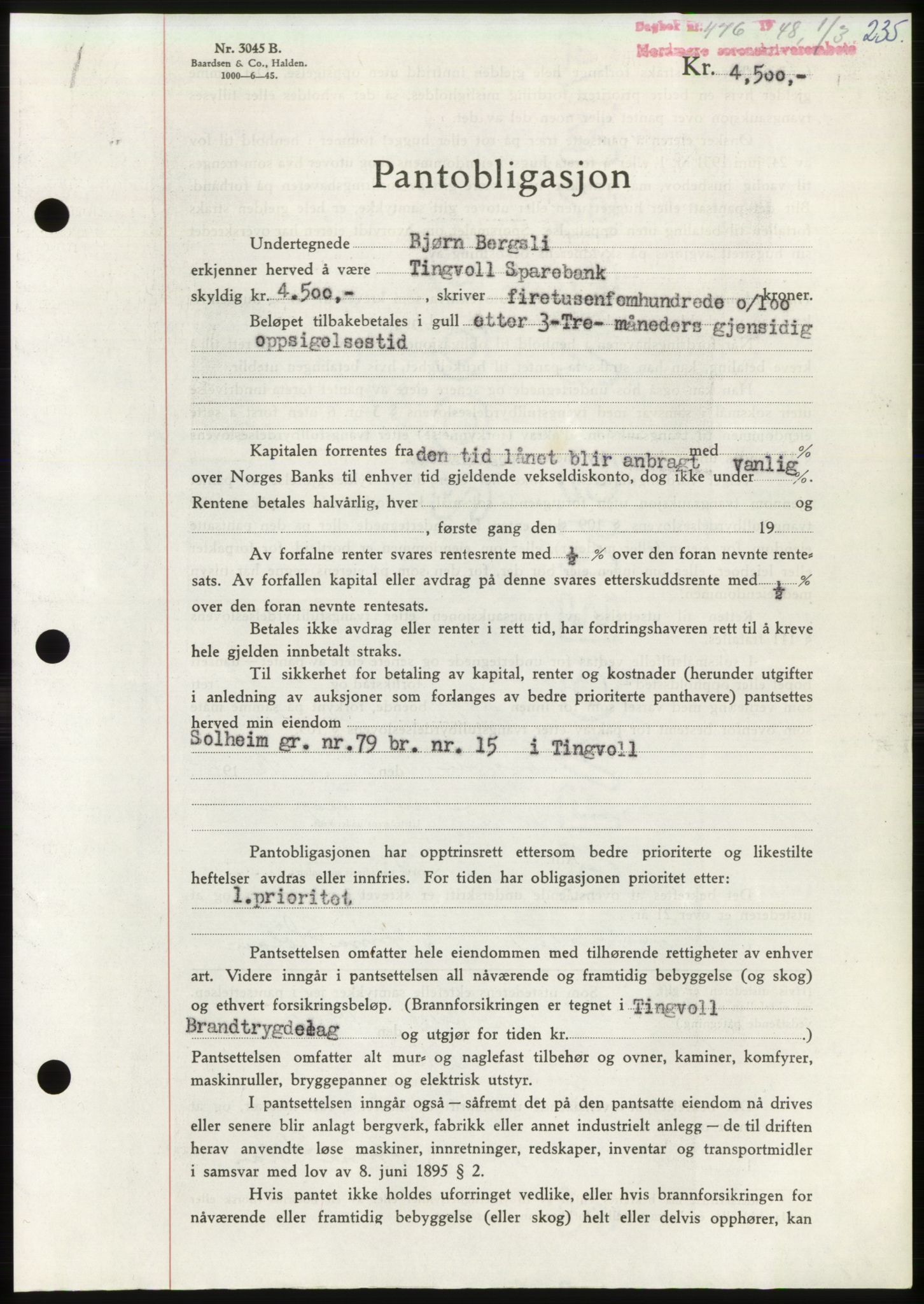 Nordmøre sorenskriveri, AV/SAT-A-4132/1/2/2Ca: Mortgage book no. B98, 1948-1948, Diary no: : 476/1948