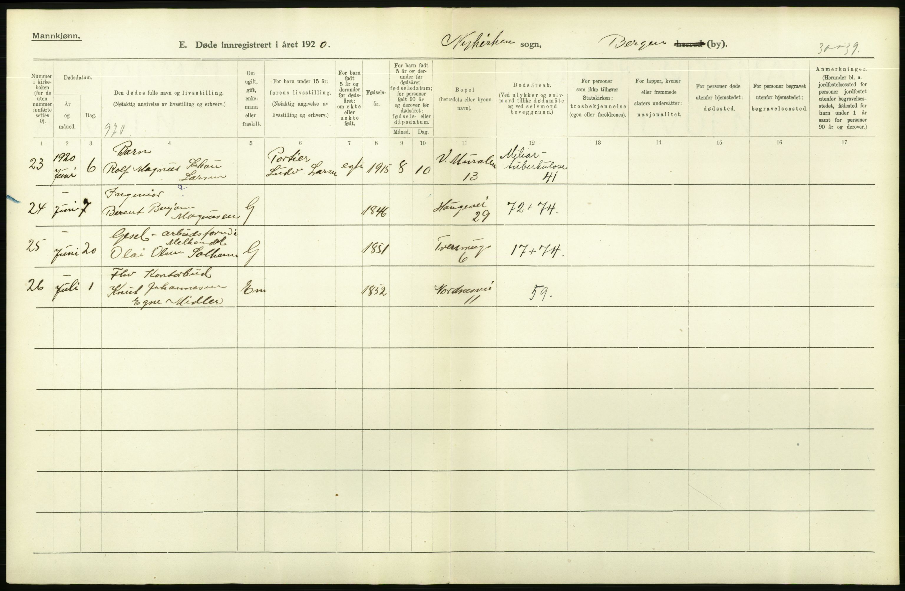 Statistisk sentralbyrå, Sosiodemografiske emner, Befolkning, AV/RA-S-2228/D/Df/Dfb/Dfbj/L0042: Bergen: Gifte, døde, dødfødte., 1920, p. 532