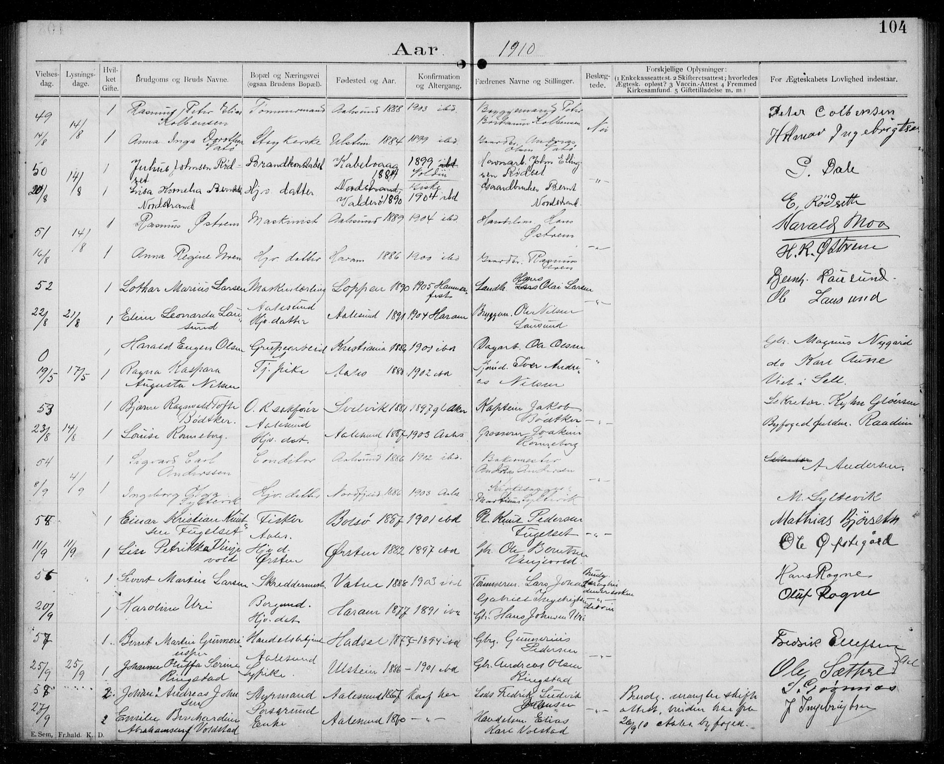 Ministerialprotokoller, klokkerbøker og fødselsregistre - Møre og Romsdal, AV/SAT-A-1454/529/L0458: Banns register no. 529A08, 1901-1918, p. 104