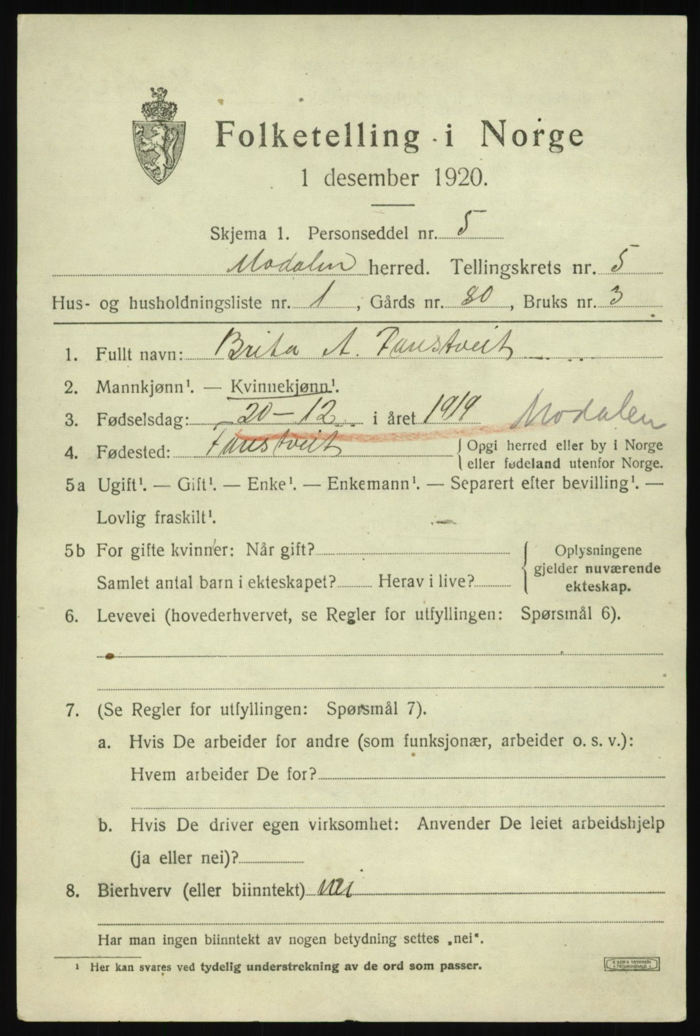 SAB, 1920 census for Modalen, 1920, p. 962