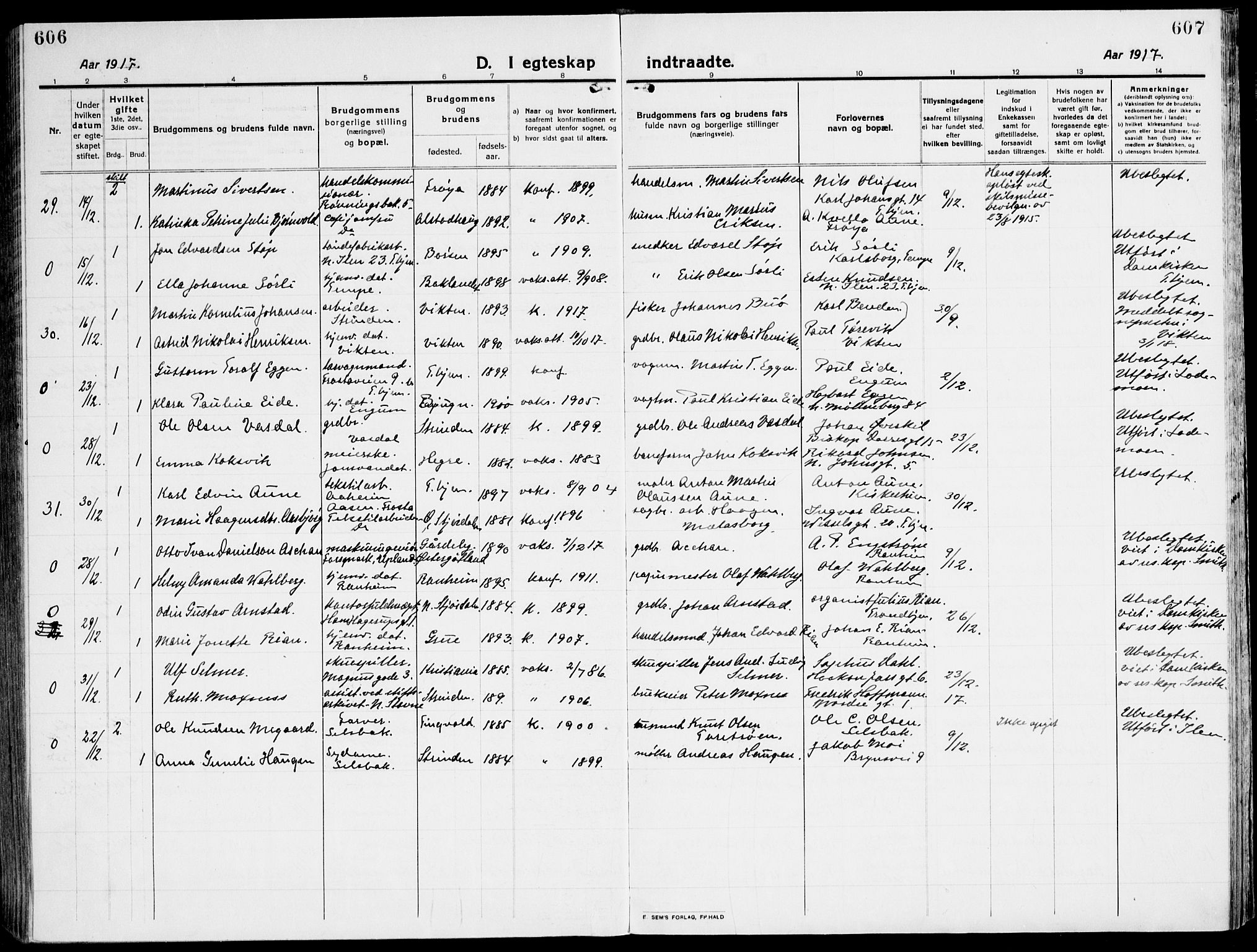 Ministerialprotokoller, klokkerbøker og fødselsregistre - Sør-Trøndelag, SAT/A-1456/607/L0321: Parish register (official) no. 607A05, 1916-1935, p. 606-607