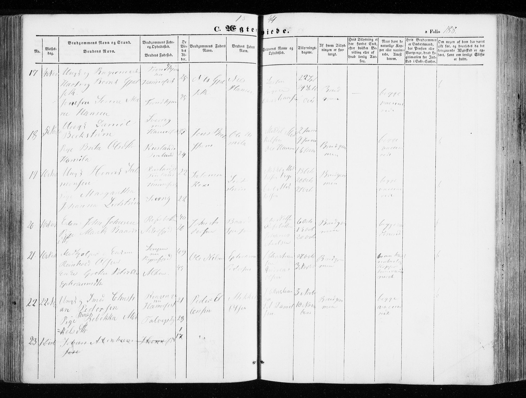 Hammerfest sokneprestkontor, SATØ/S-1347/H/Ha/L0004.kirke: Parish register (official) no. 4, 1843-1856, p. 188