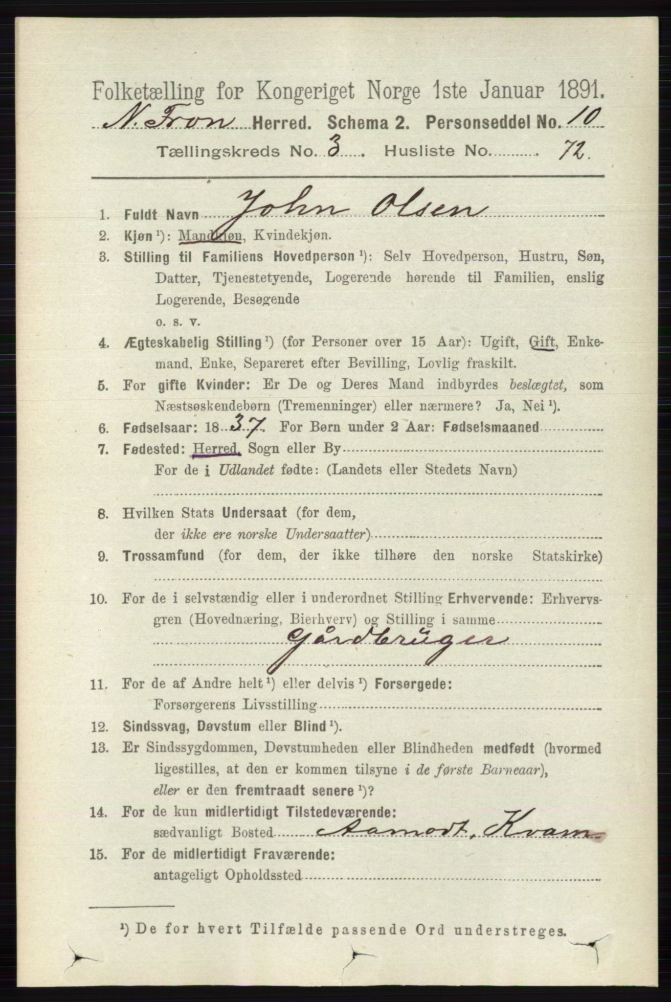 RA, 1891 census for 0518 Nord-Fron, 1891, p. 1306